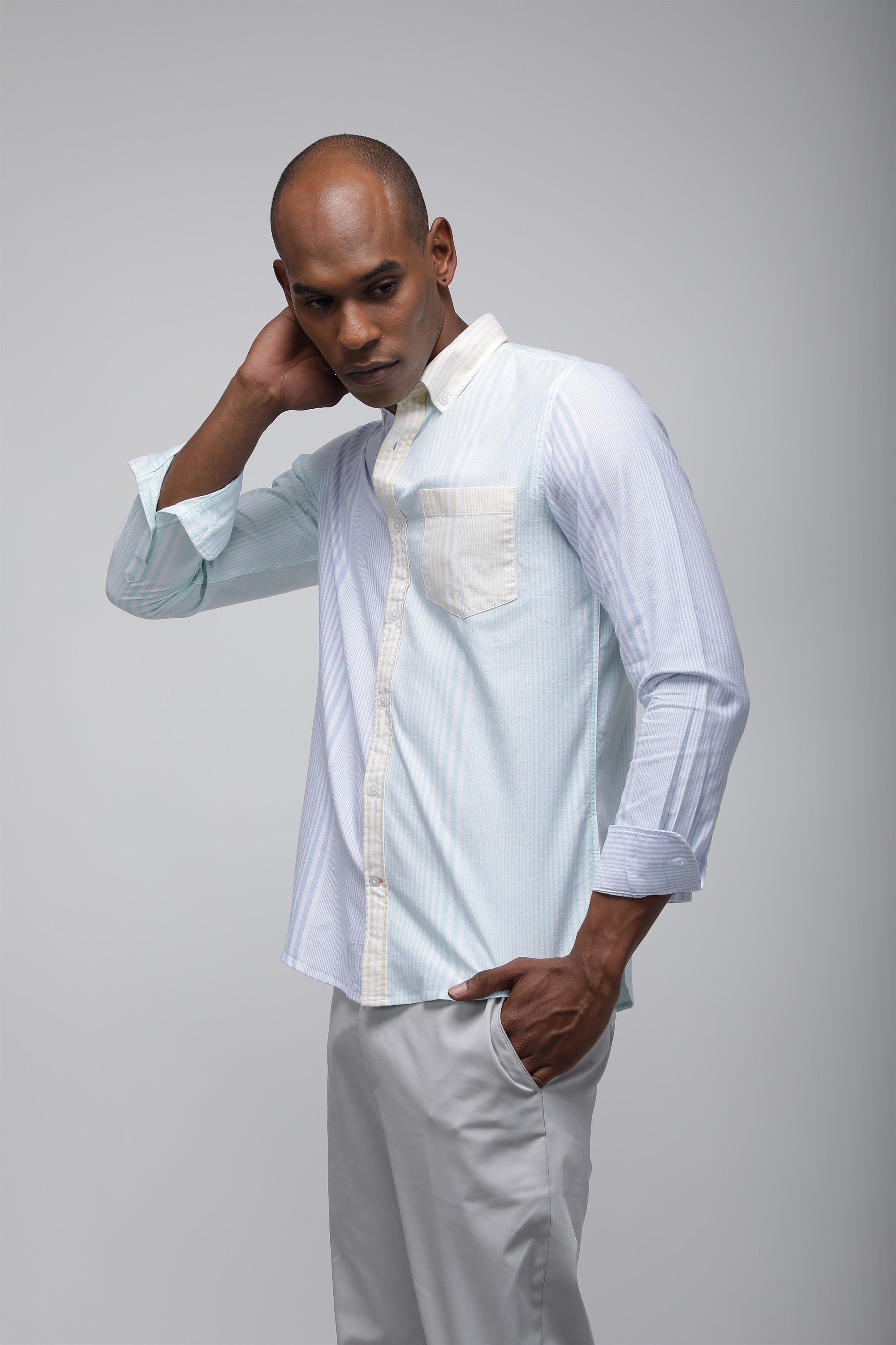 Bare Brown Colourblock Striped Cotton Spandex Shirt, Slim Fit and Full Sleeves - Multicoloured