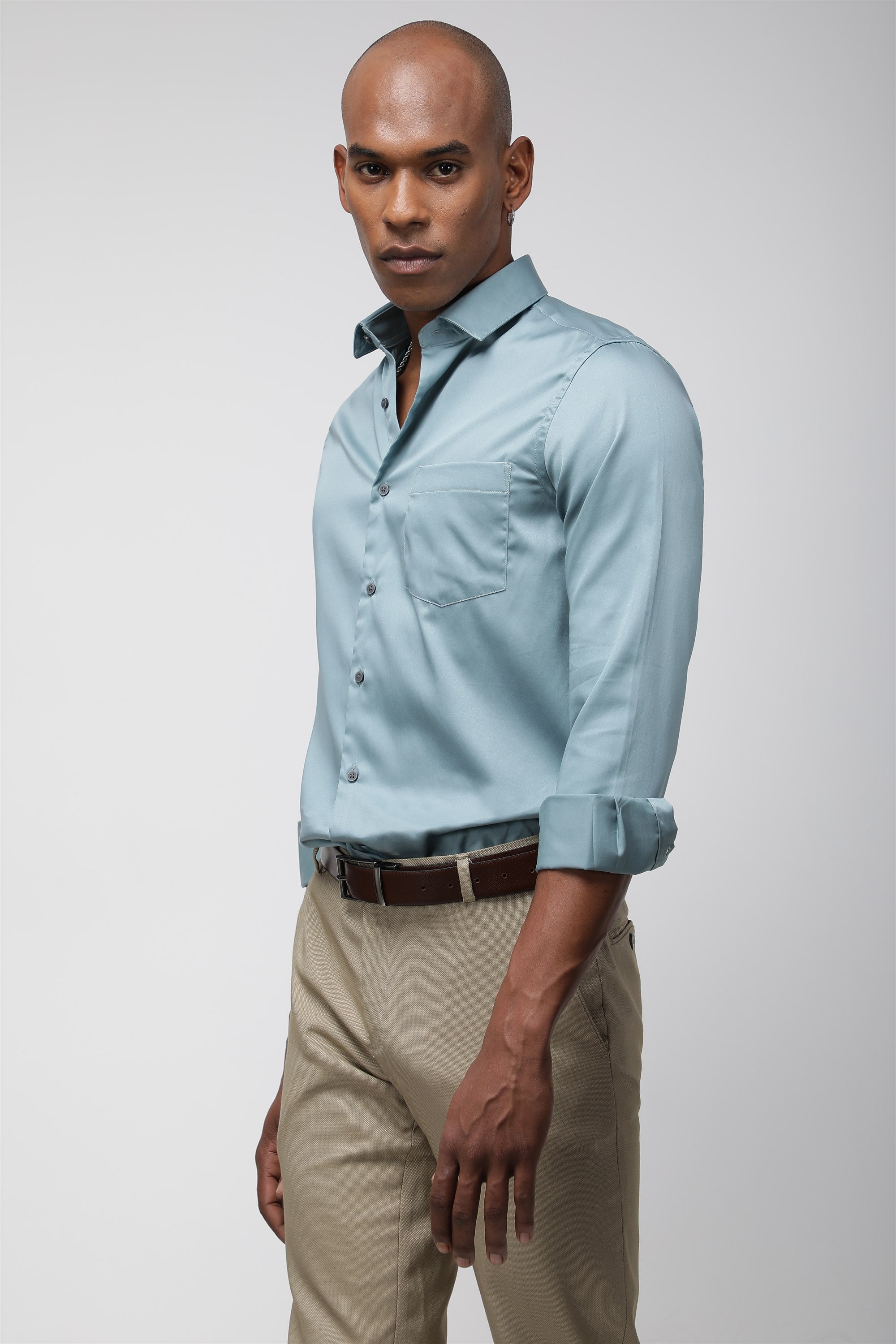 T the brand Regular Collar Slim Fit Satin Shirt with Full Sleeves - Ash Blue