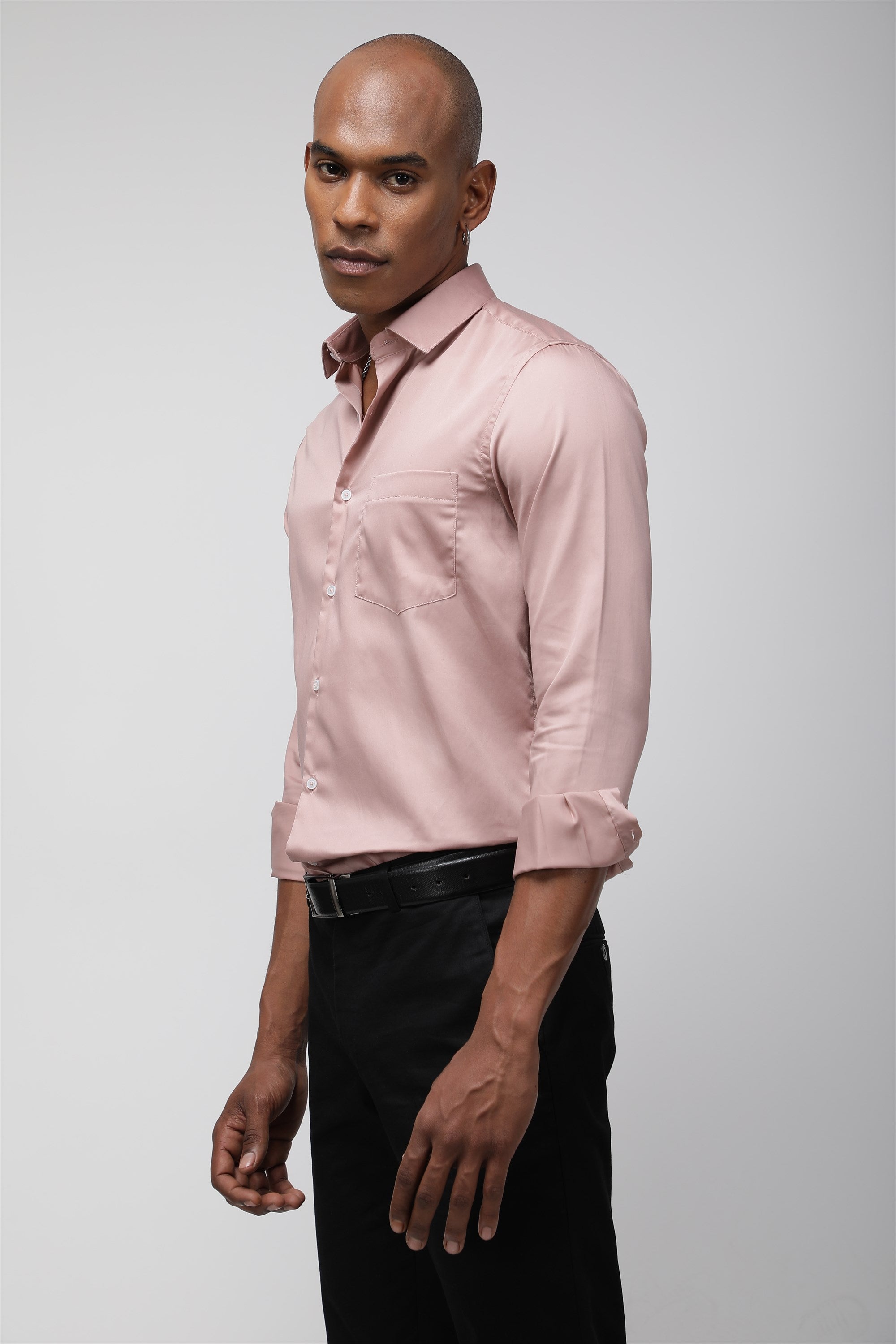 T the brand Regular Collar Slim Fit Satin Shirt with Full Sleeves - Pink