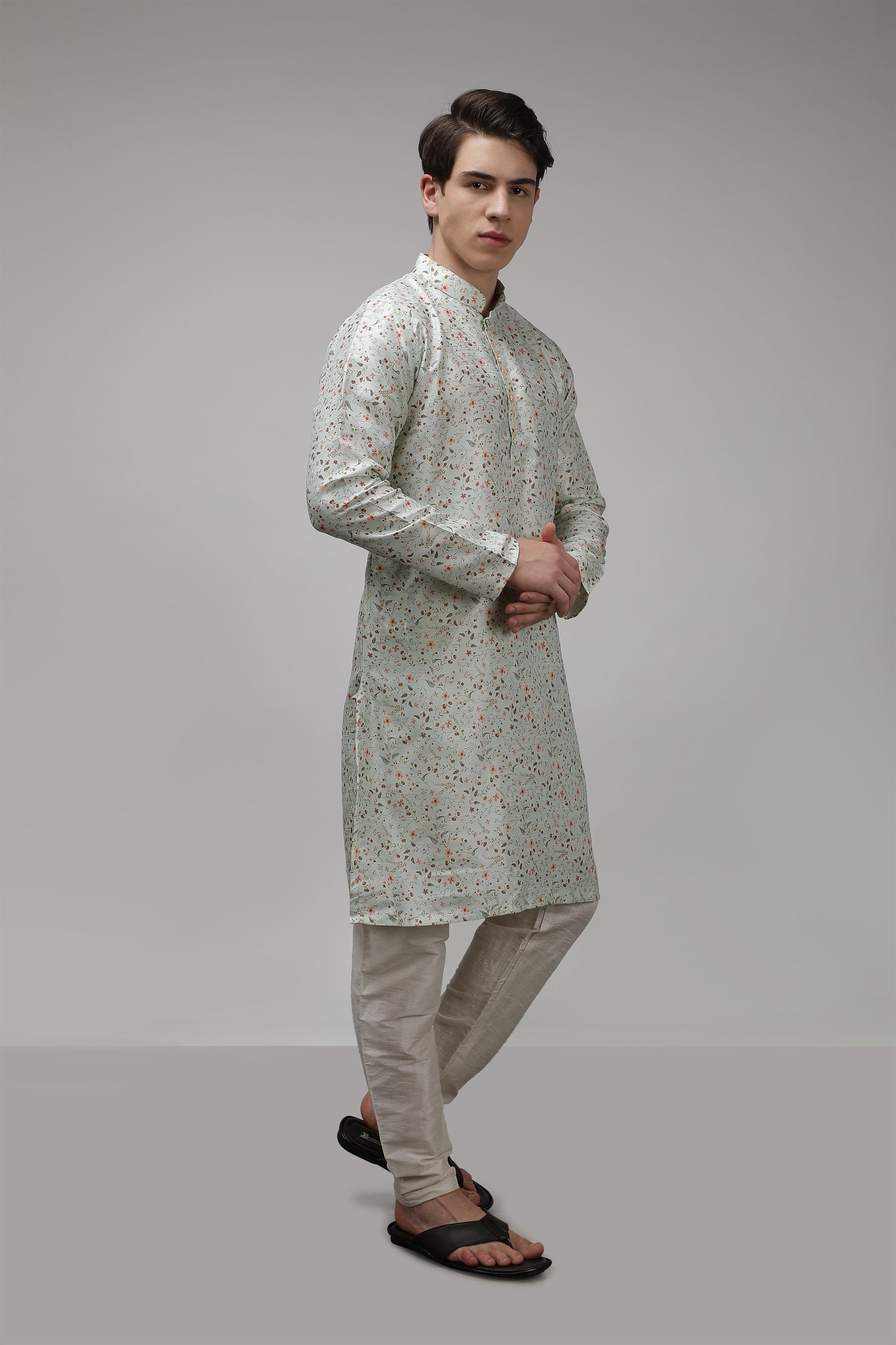 Floral Printed Long Standard Fit Ethnic Kurta with Embellished Button - Pista Green