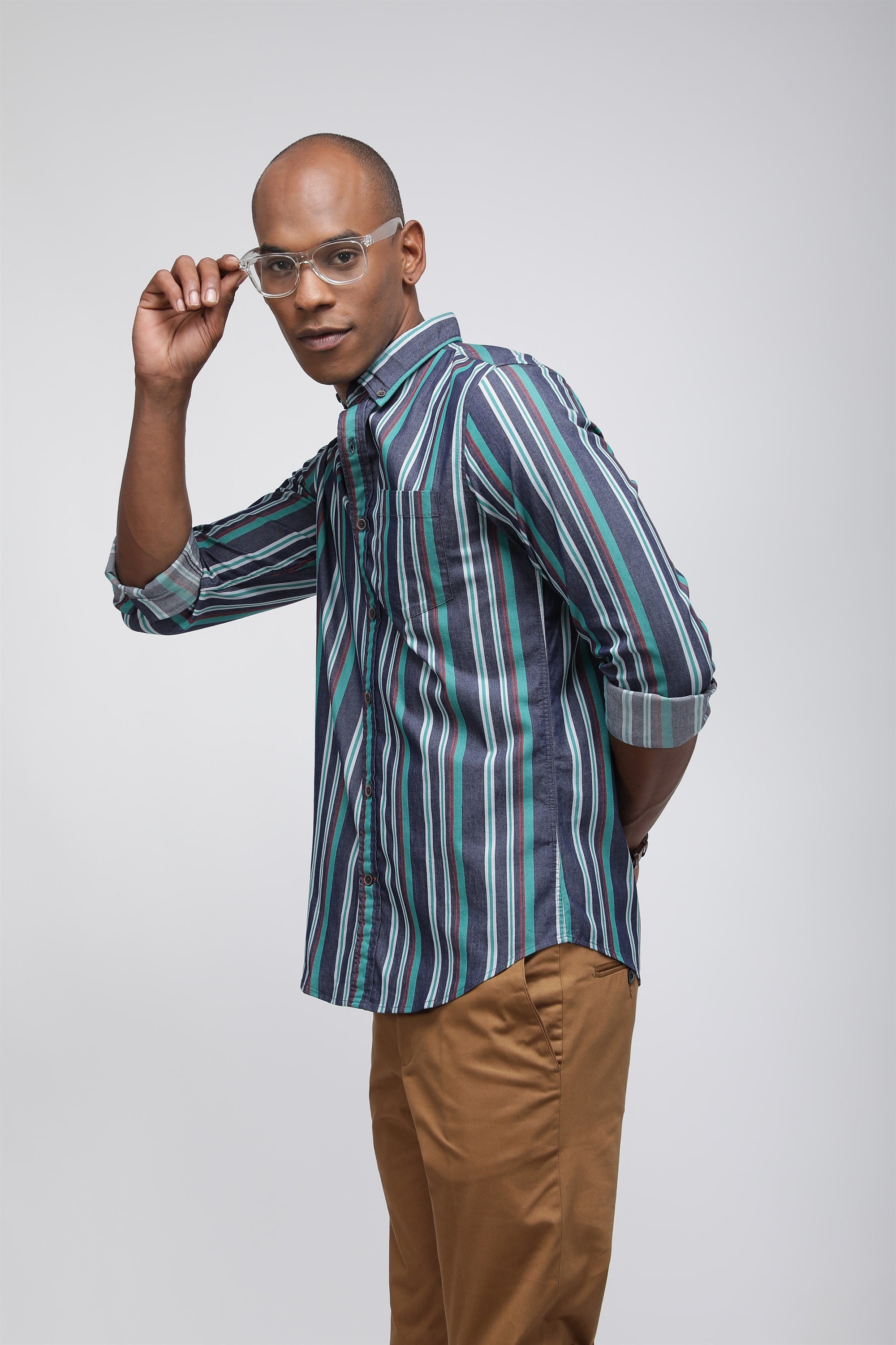 Bare Brown Striped Cotton Spandex Shirt, Slim Fit with Full Sleeves - Navy