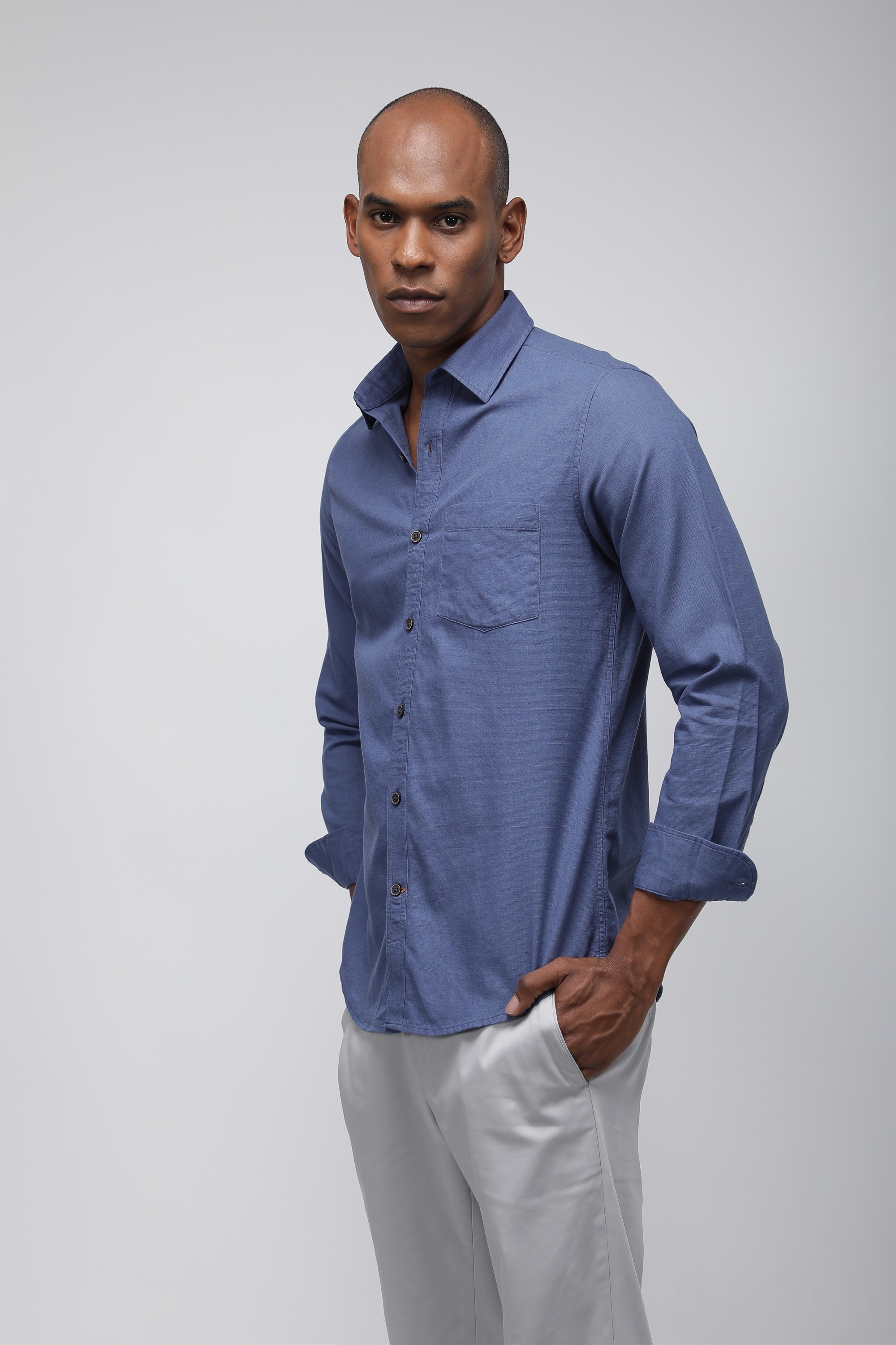 Bare Brown Regular Collar Cotton Linen Shirt, Slim Fit with Full Sleeves - Blue