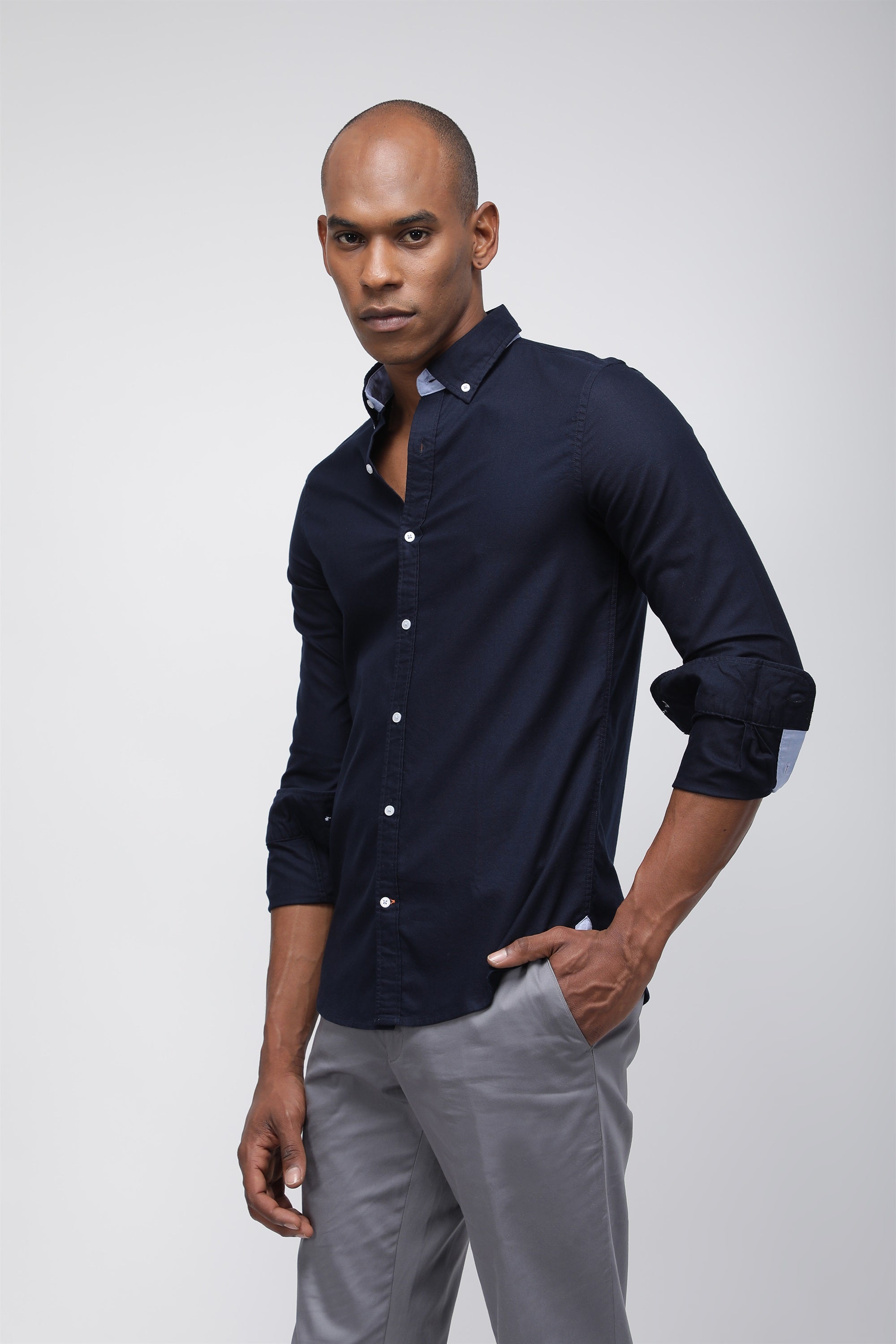 Bare Brown Solid Cotton Oxford Stretch Shirt, Slim Fit with Full Sleeves - Navy