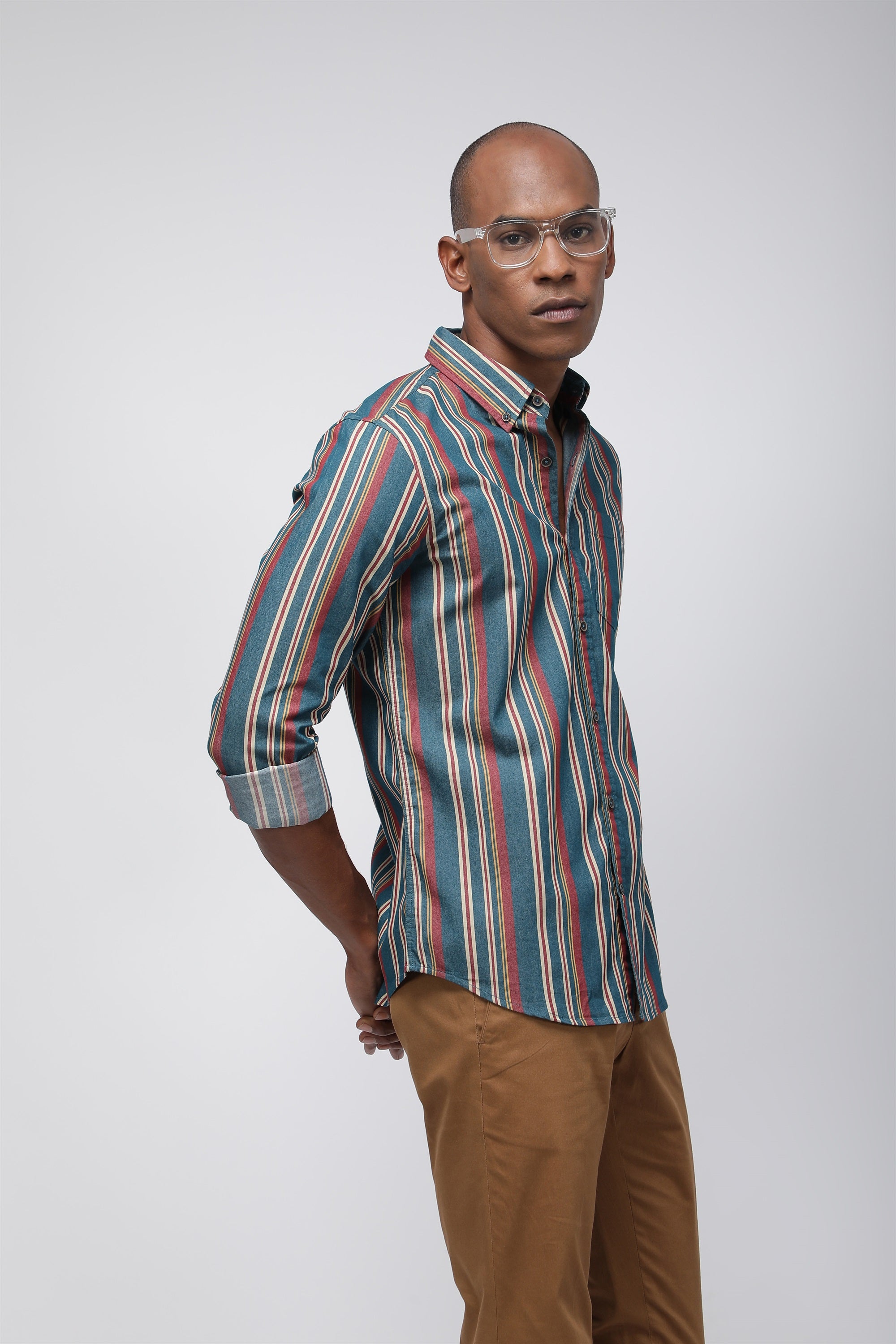 Bare Brown Striped Cotton Spandex Shirt, Slim Fit with Full Sleeves - Green