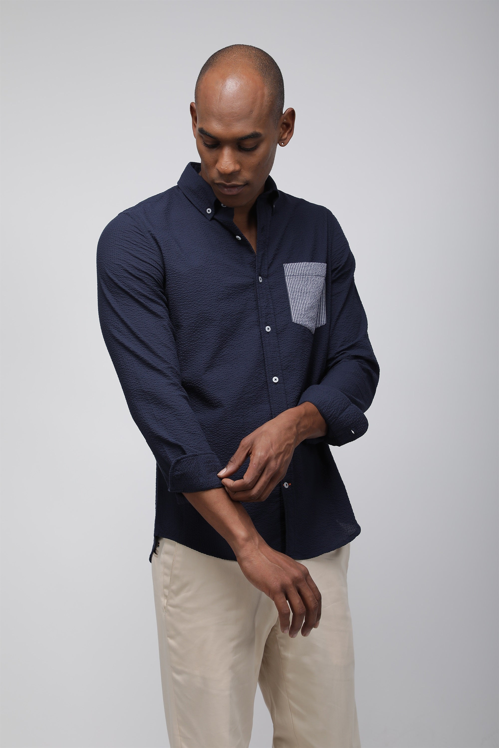 Bare Brown Seersucker Cotton Shirt, Slim Fit with Full Sleeves - Navy