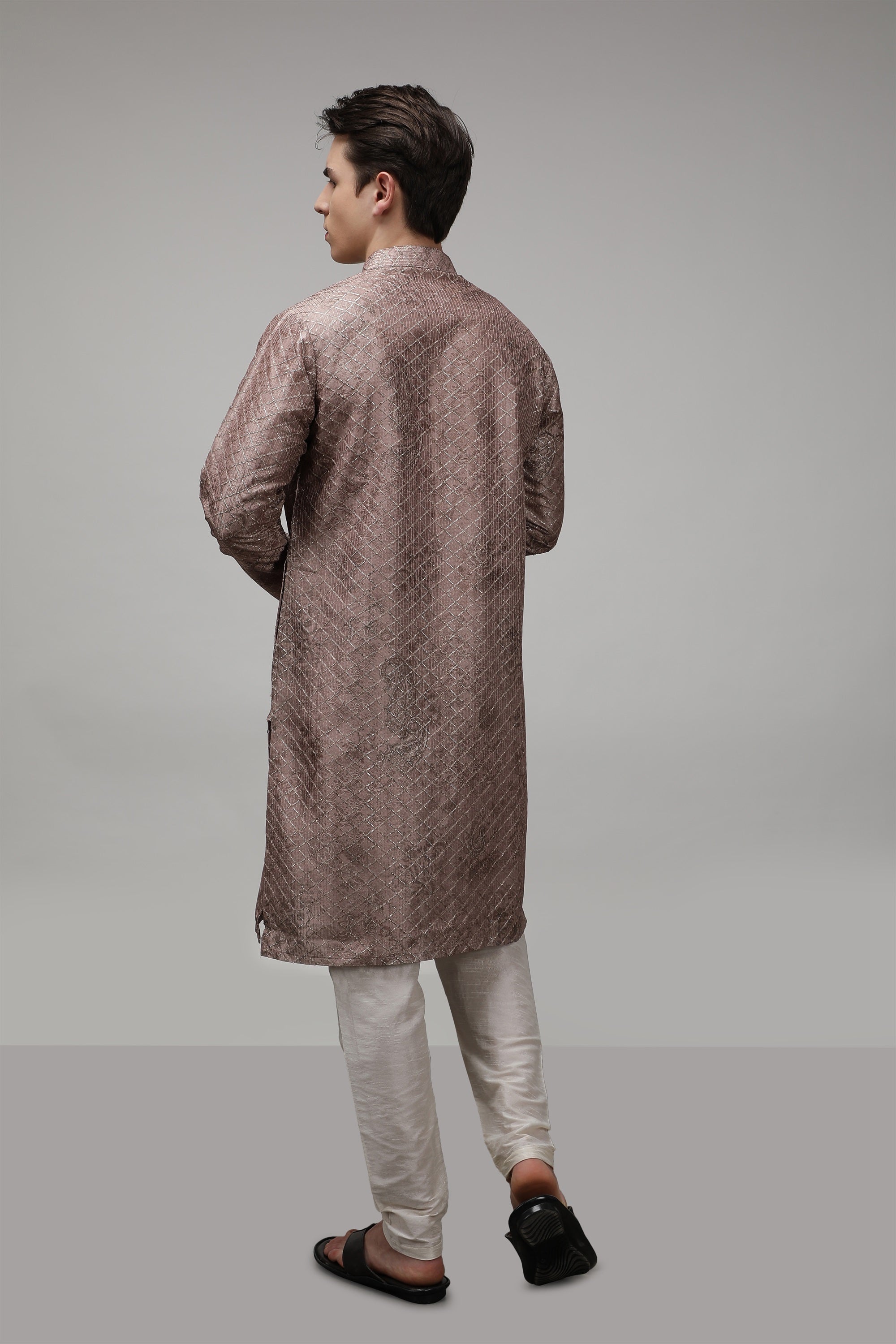Silver Embroidered Long Standard Fit Ethnic Kurta - Brown