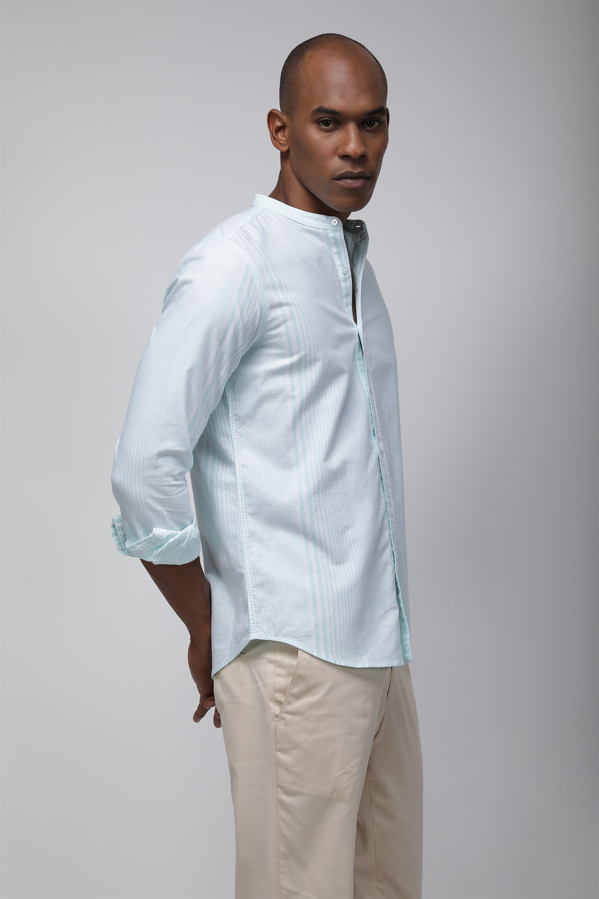 Bare Brown Striped Mandarin Cotton Stretch Shirt, Slim Fit with Full Sleeves - Green