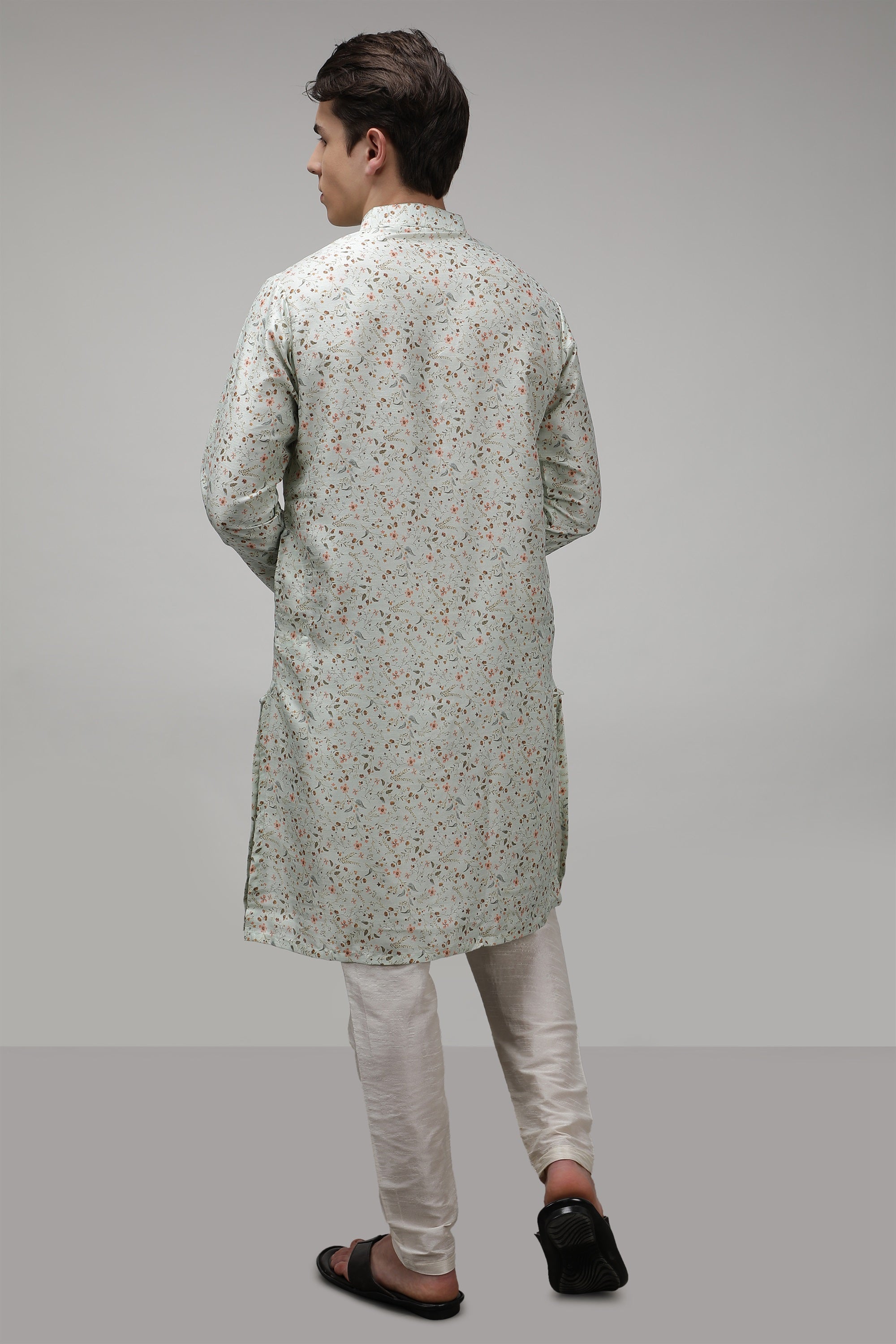 Floral Printed Long Standard Fit Ethnic Kurta with Embellished Button - Pista Green