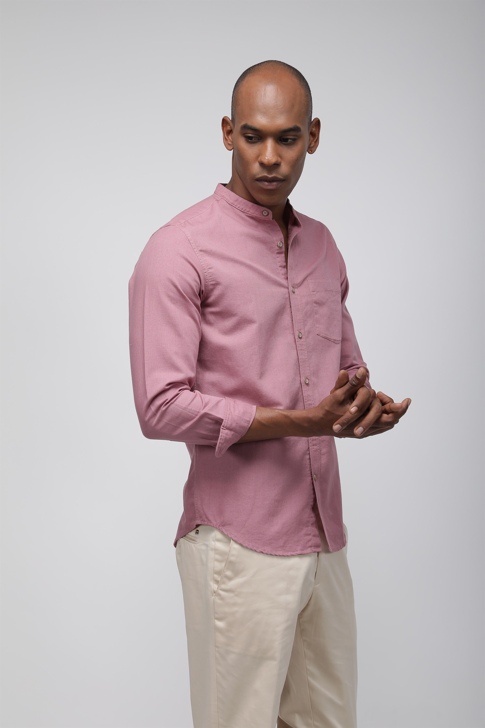 Bare Brown Mandarin Collar Cotton Linen Shirt, Slim Fit with Full Sleeves - Mauve