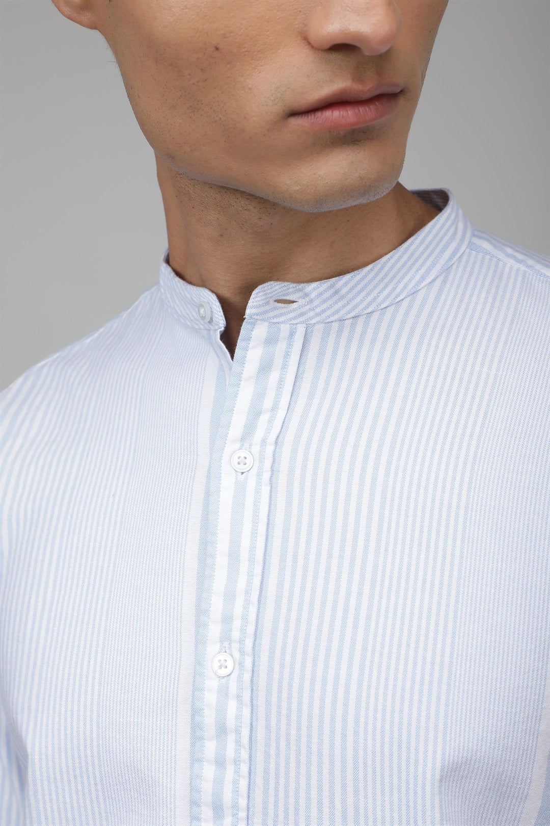 Bare Brown Striped Mandarin Slim Fit Shirt with Full Sleeves - Blue