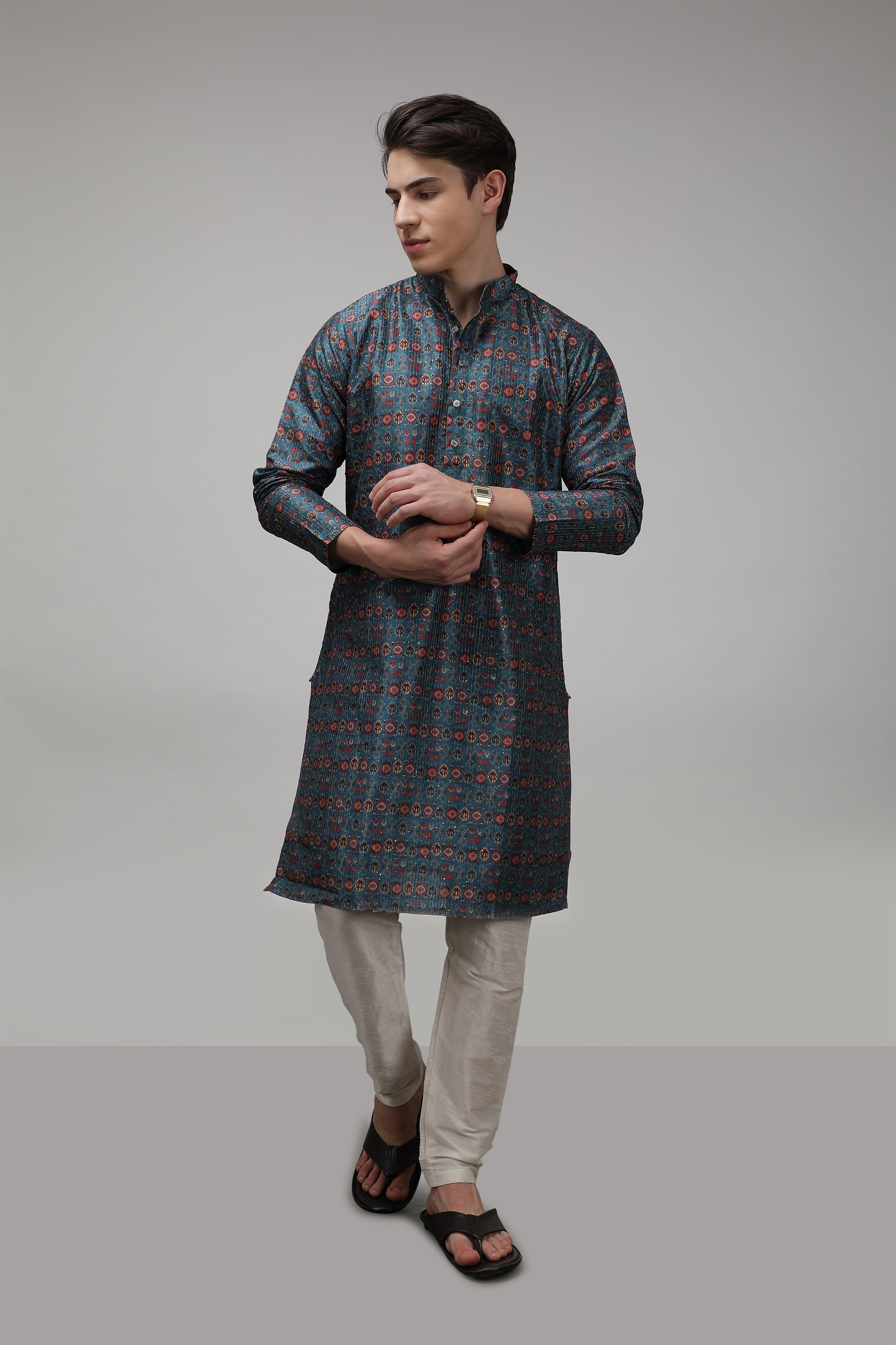 Thread Embroidered Printed Long Standard Fit Ethnic Kurta - Teal