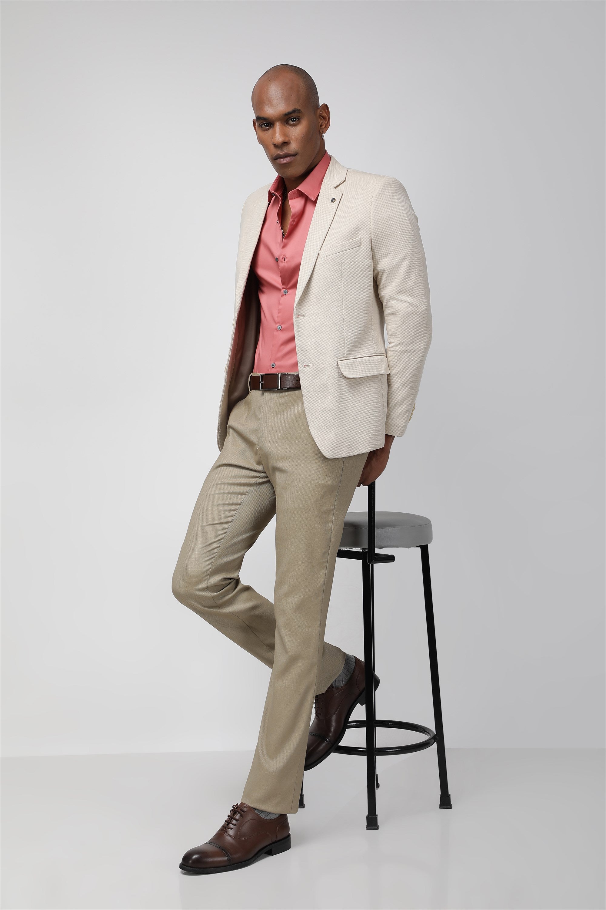 T the brand Regular Collar Slim Fit Satin Shirt with Full Sleeves - Peach