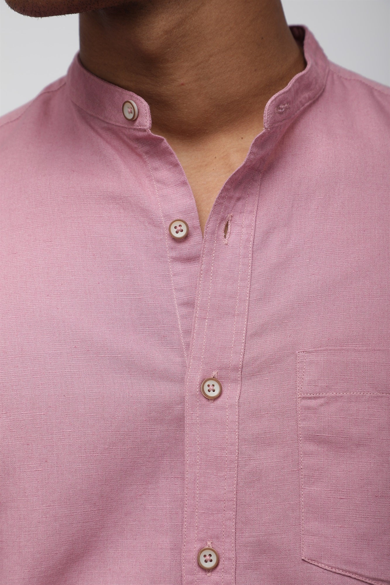 Bare Brown Mandarin Collar Cotton Linen Shirt, Slim Fit with Full Sleeves - Mauve