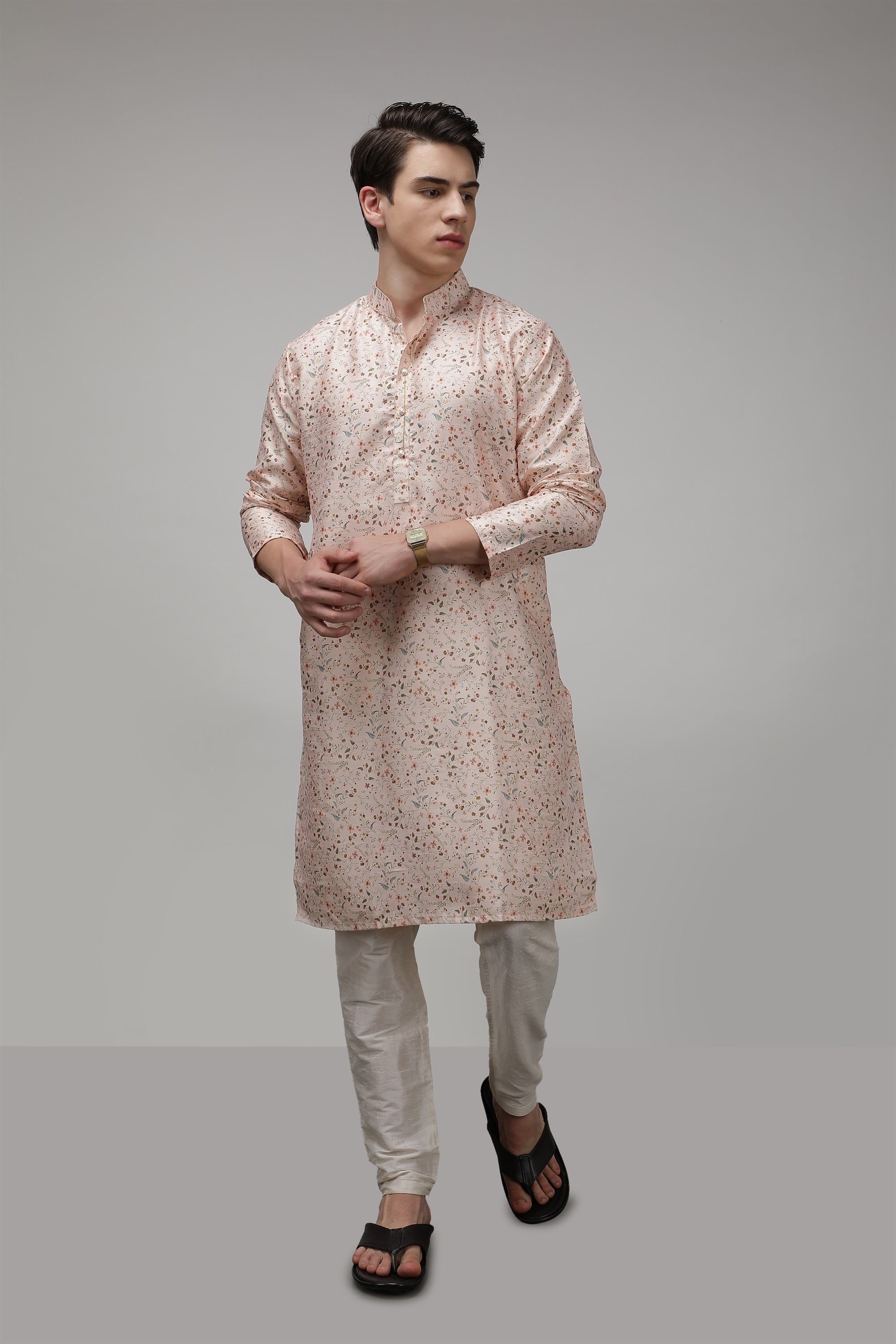 Floral Printed Standard Fit Ethnic Long Kurta with Embellished Button - Beige