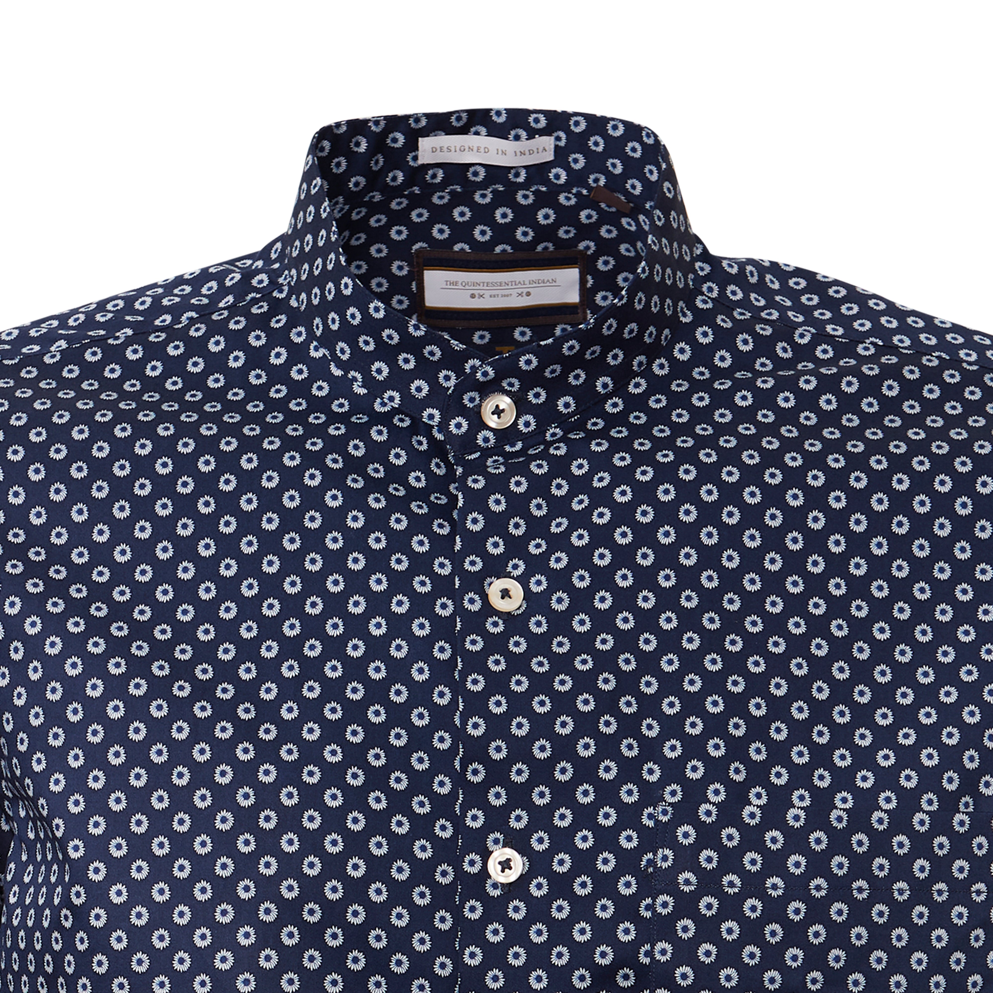 Mandarin Collar Floral Print Navy Full-sleeved shirt