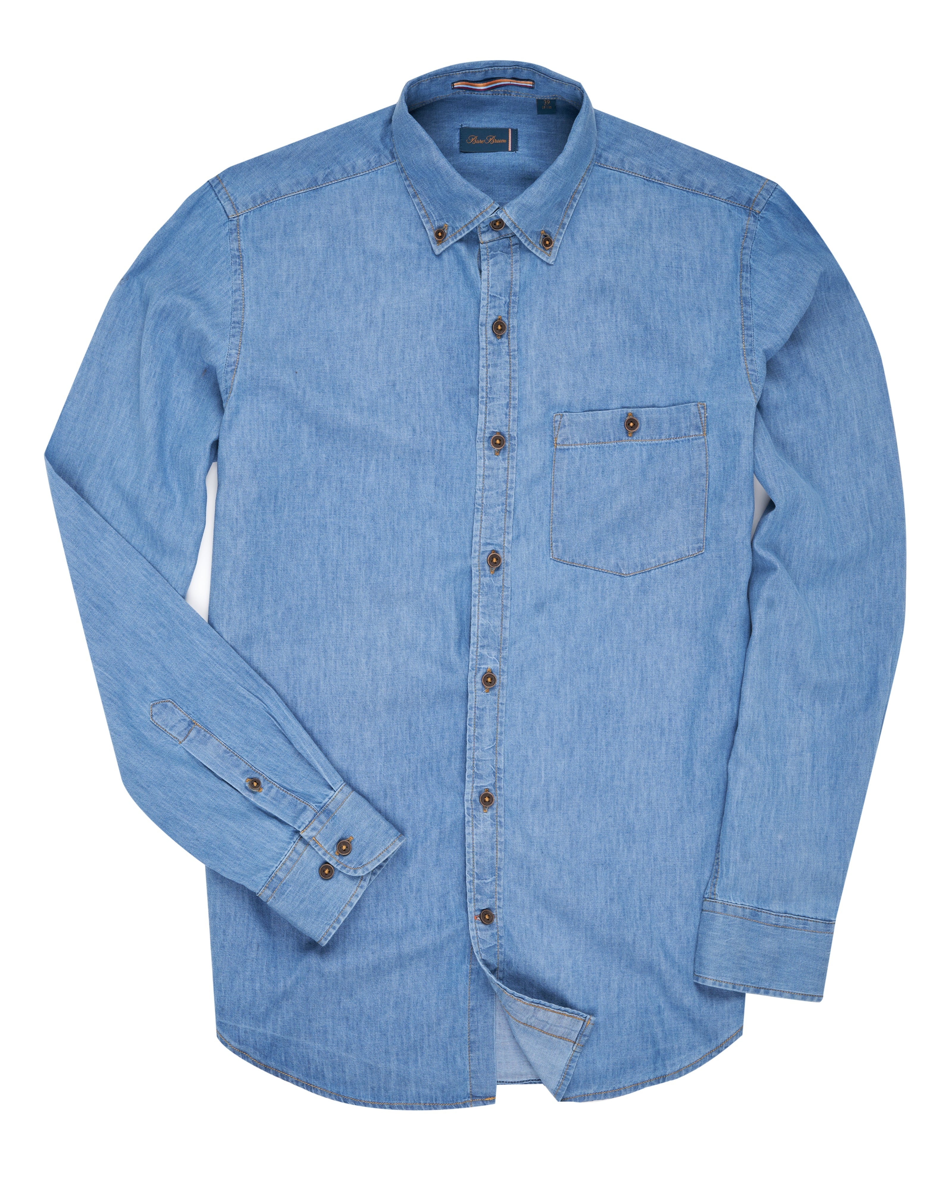 Bare Brown Cotton Denim Shirt, Slim Fit with Full Sleeves - Blue
