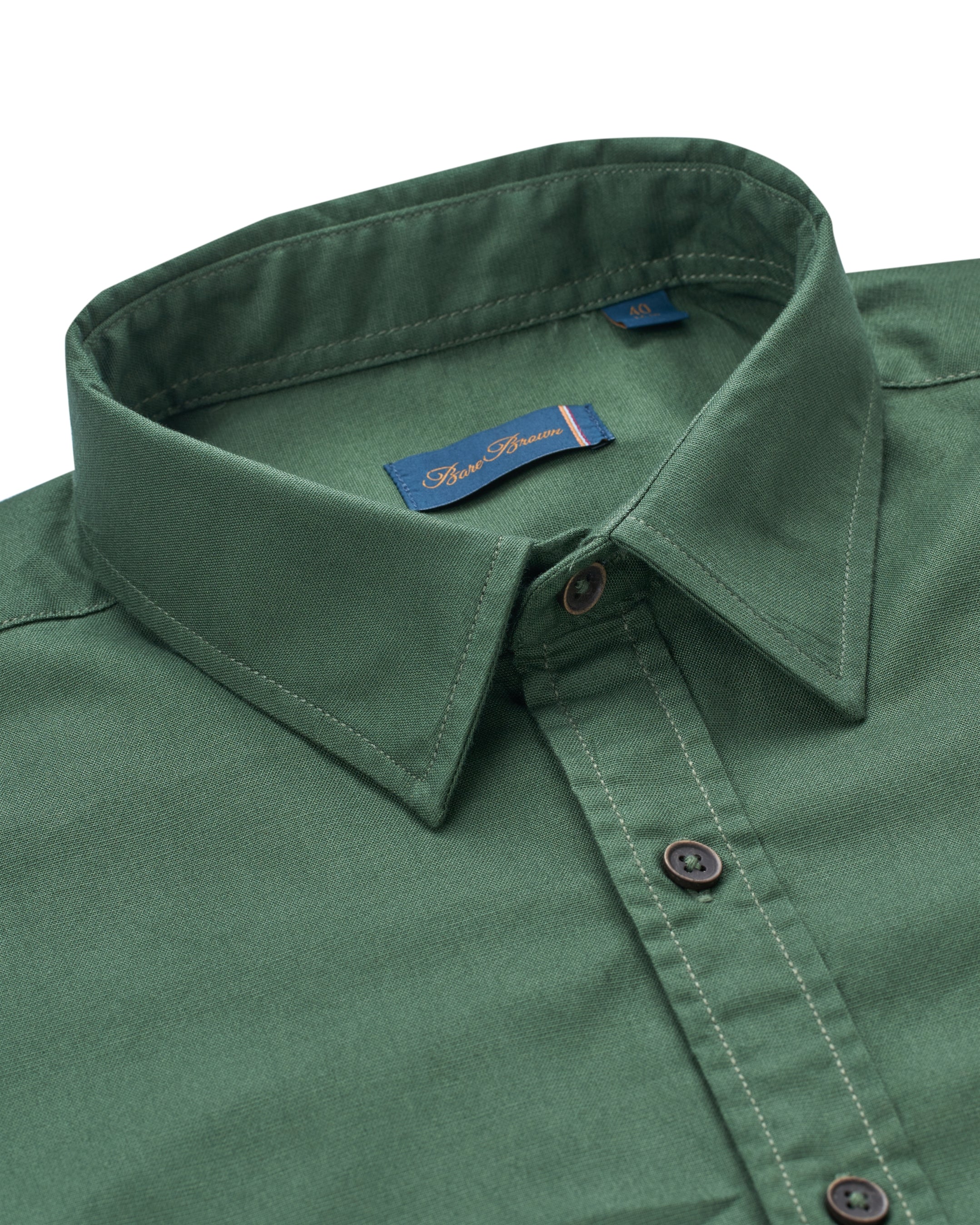 Bare Brown - Dark Green Stretch Cotton Shirt, Slim Fit