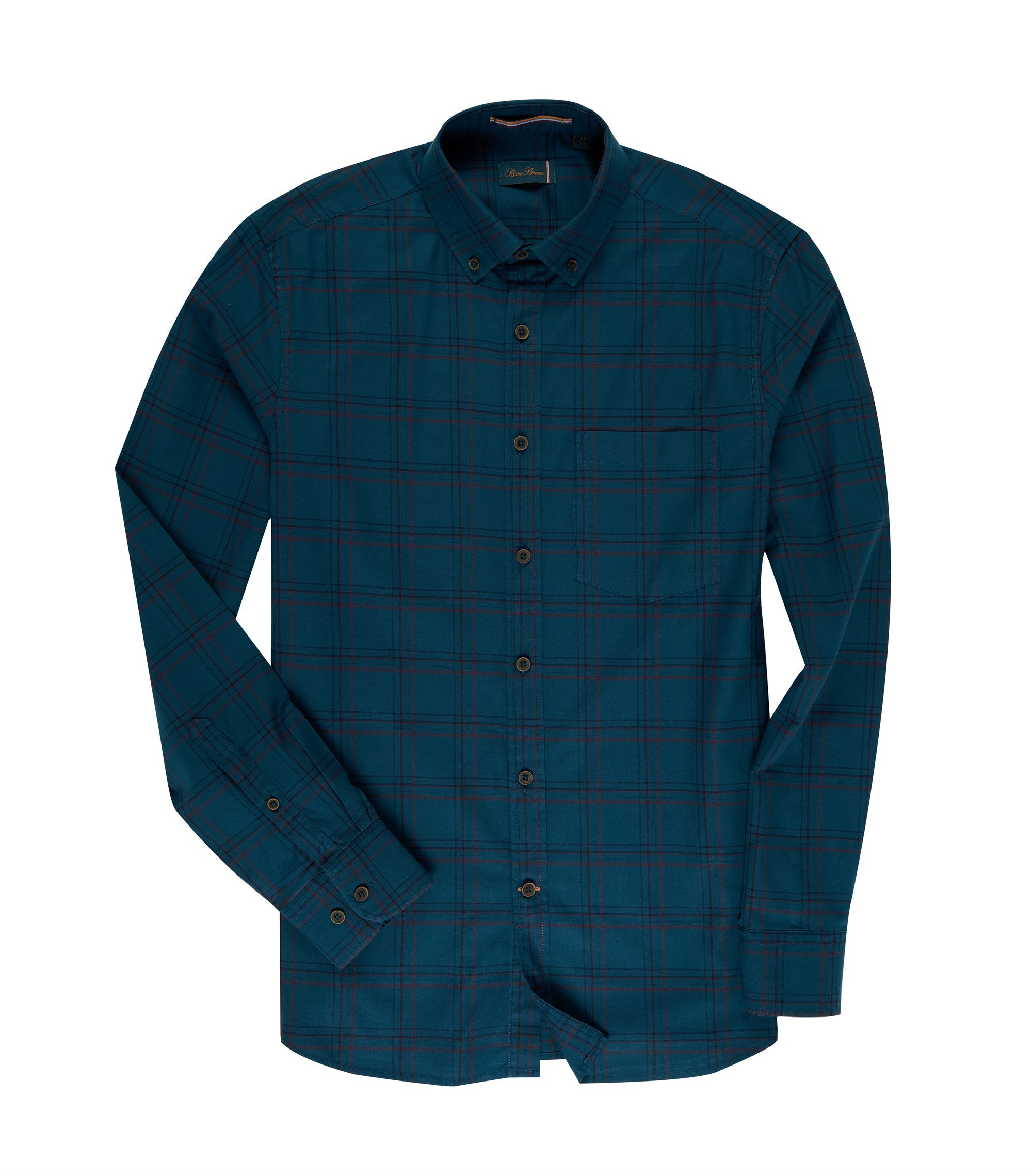 Bare Brown Buttondown Collar Cotton Checked Shirt, Slim Fit with Full Sleeves - Teal