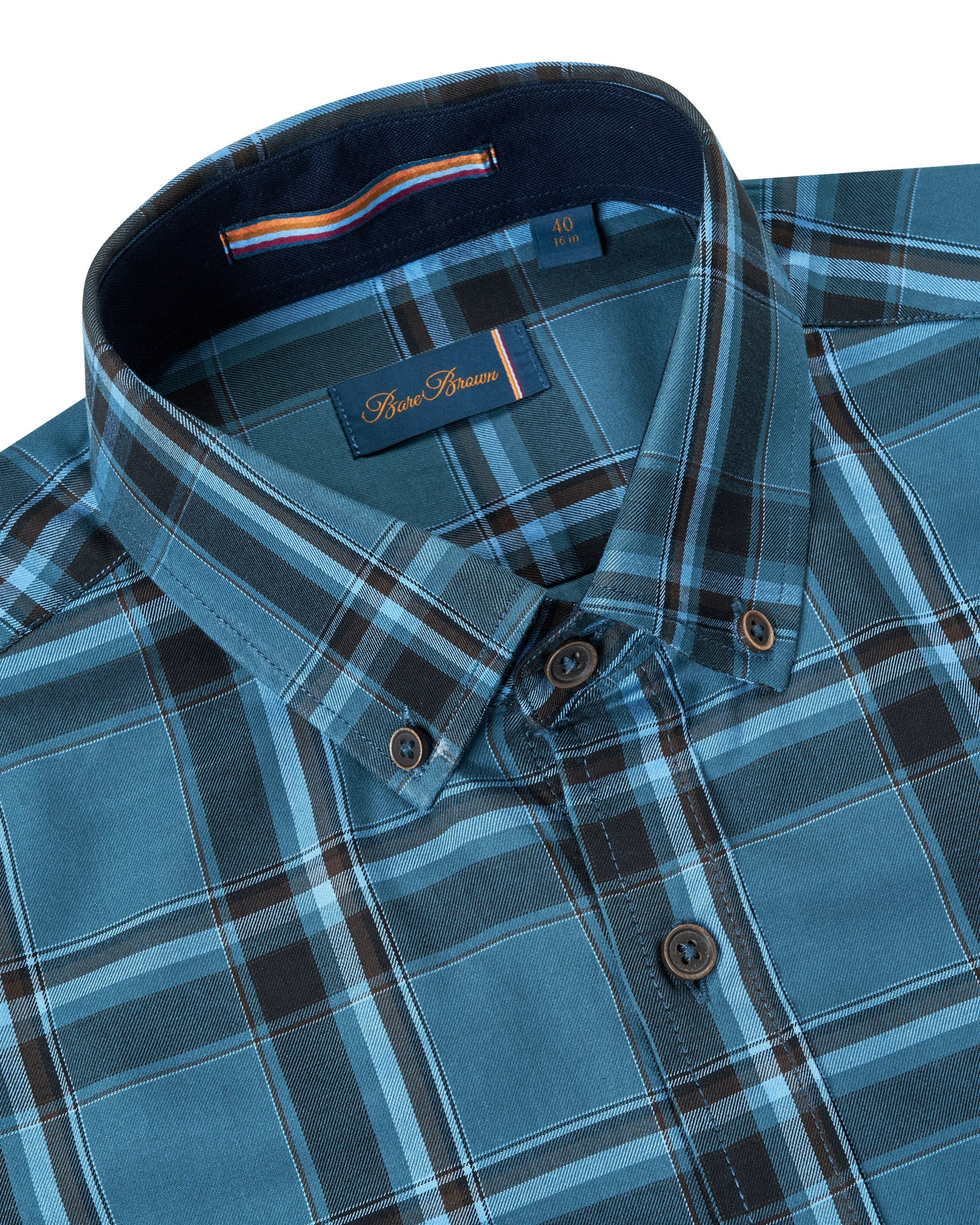 Bare Brown Buttondown Collar Cotton Checked Shirt, Slim Fit with Full Sleeves - Blue