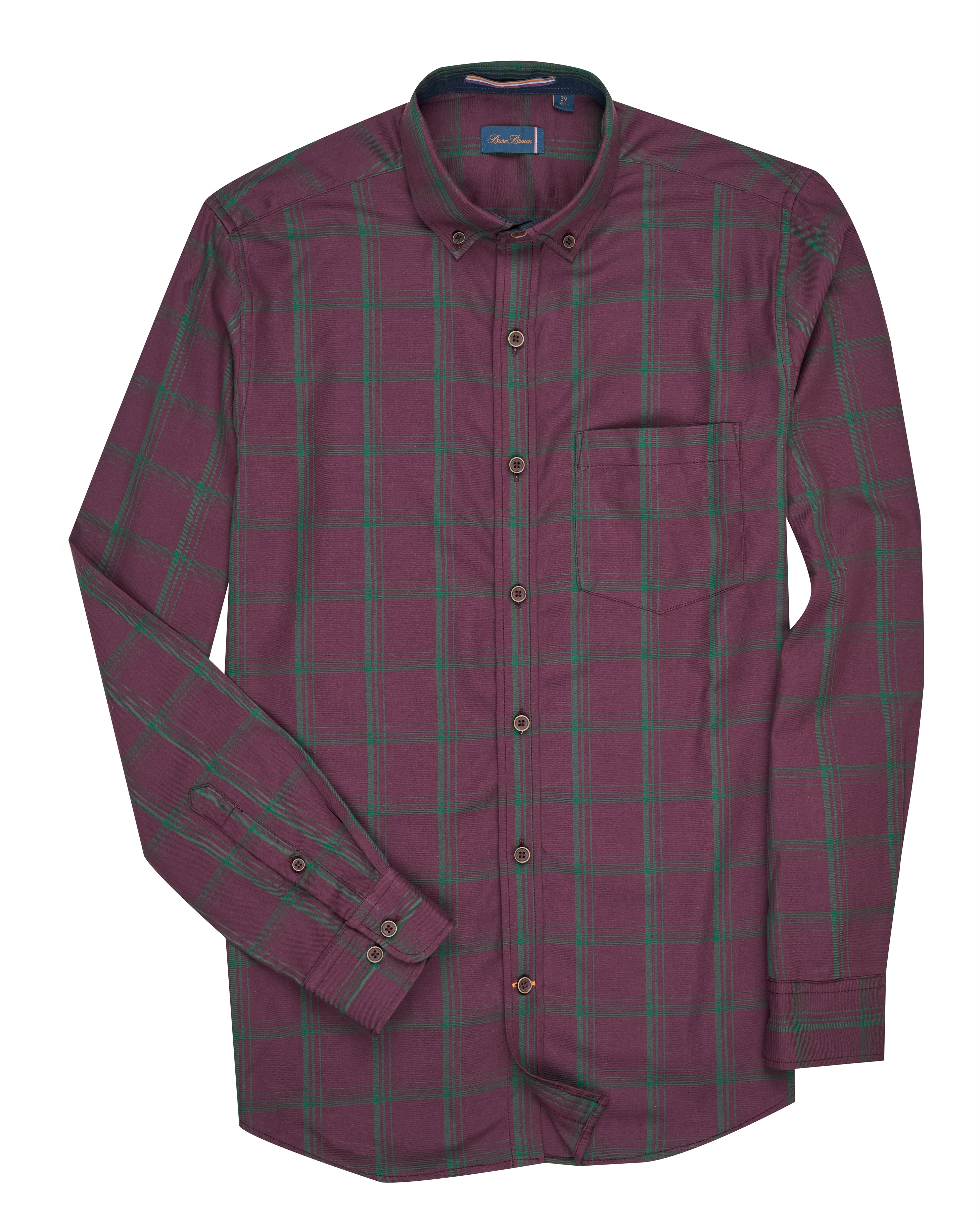 Bare Brown Cotton Check Shirt, Slim Fit with Full Sleeves - Maroon