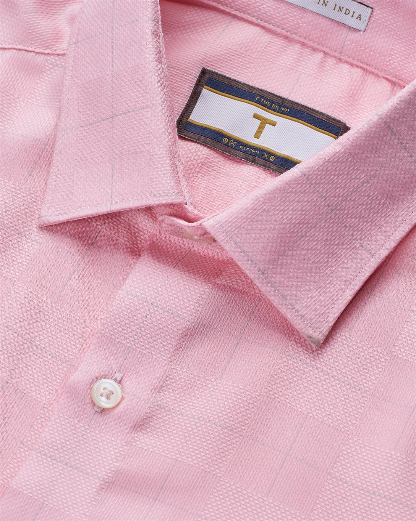 T the brand Checkered Dobby Slim Fit Full Sleeved Cotton Shirt - Pink