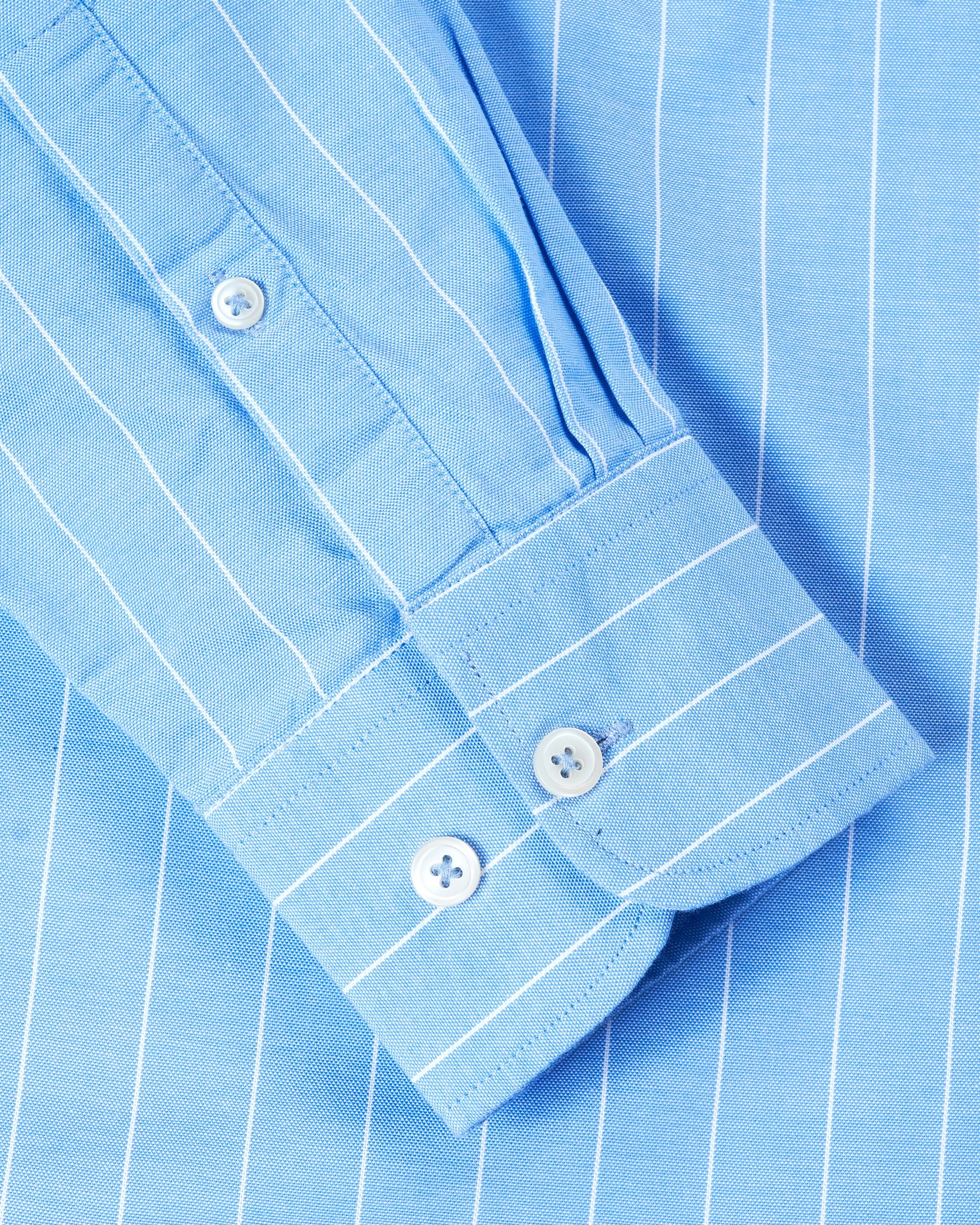 Bare Brown Mandarin Collar Cotton Pinstriped Shirt, Slim Fit with Full Sleeves - Light Blue