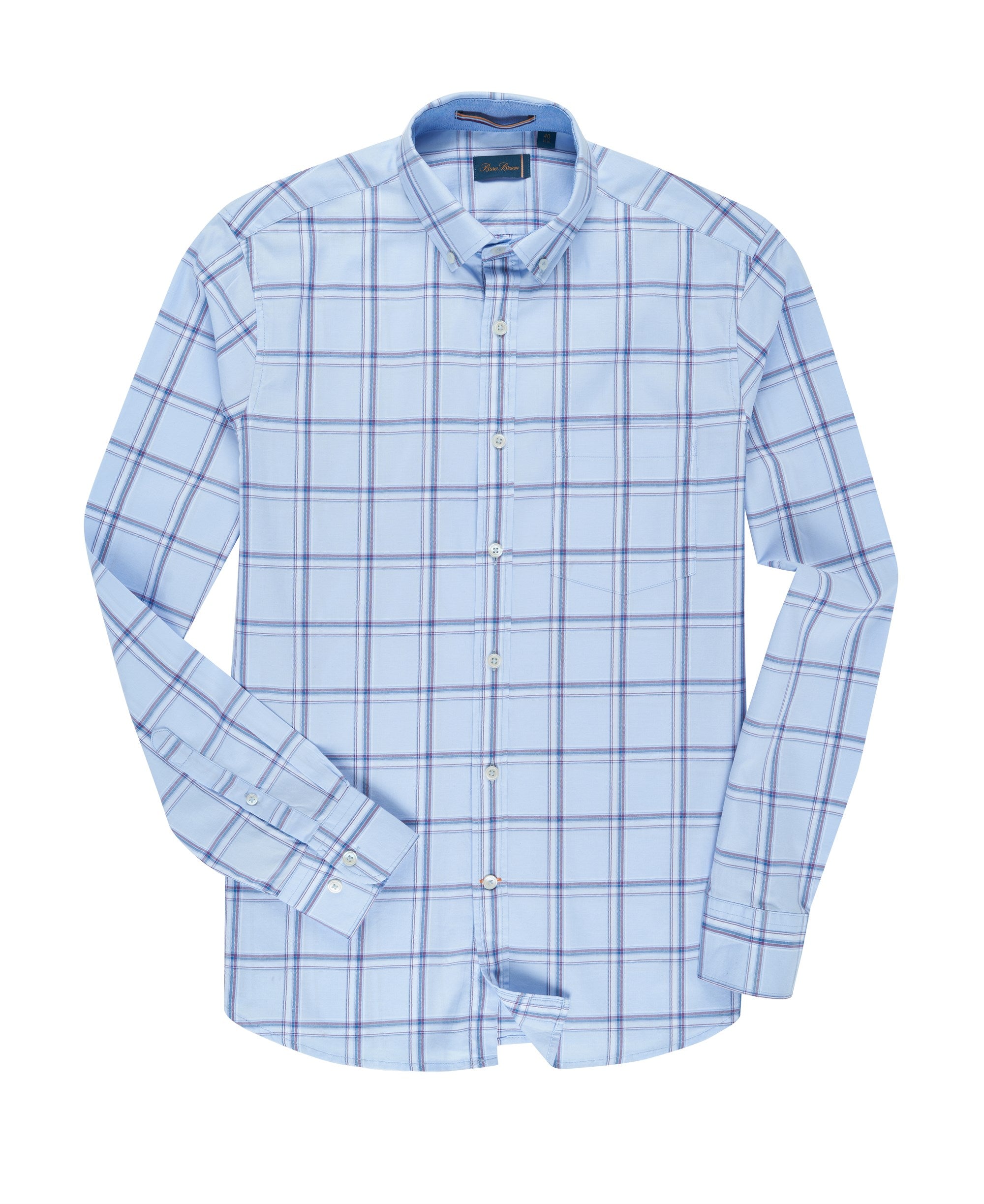 Bare Brown Buttondown Collar Cotton Checked Shirt, Slim Fit with Full Sleeves - Sky Blue