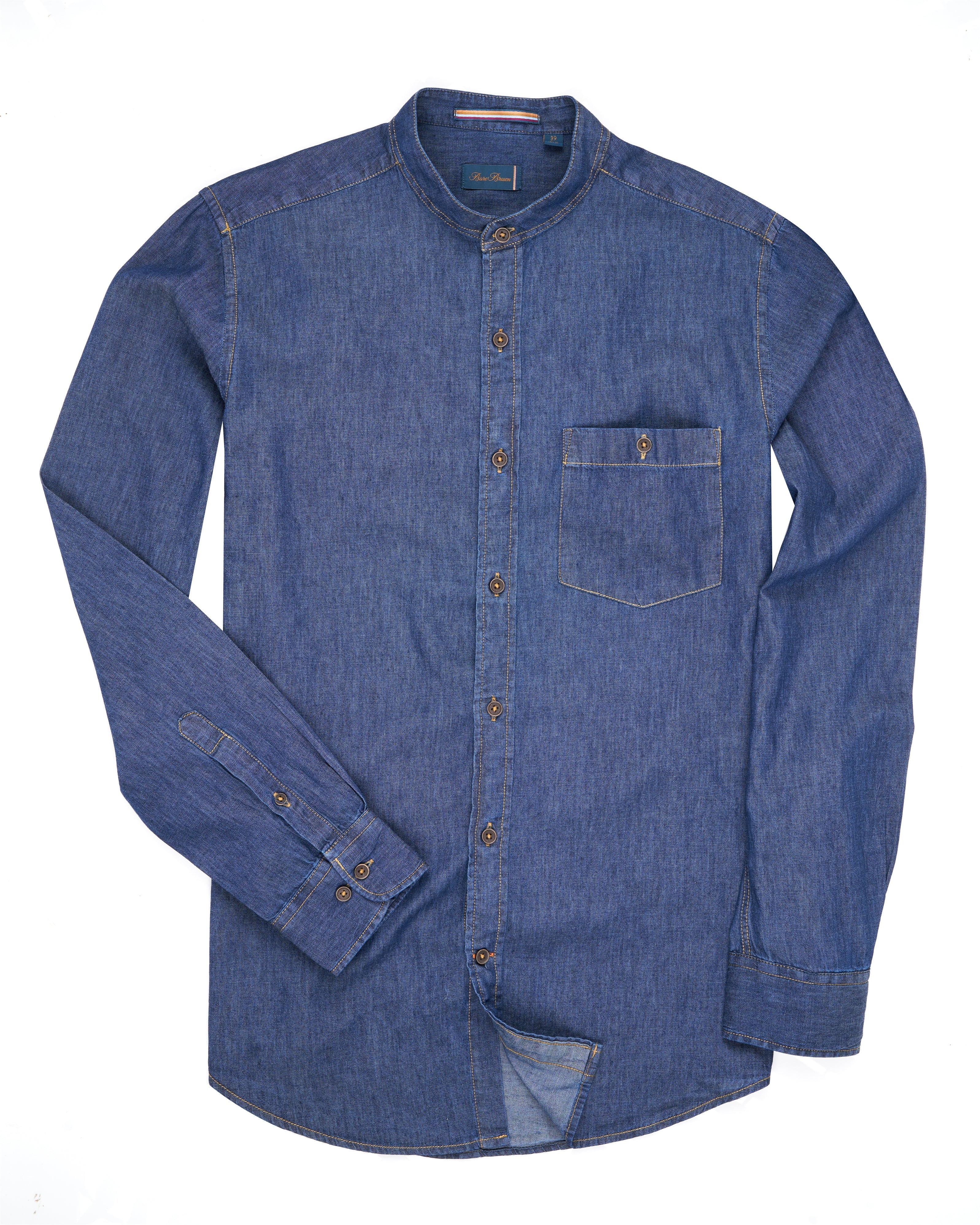 Bare Brown Cotton Denim Mandarin Collar Shirt, Slim Fit with Full Sleeves - Dark Blue