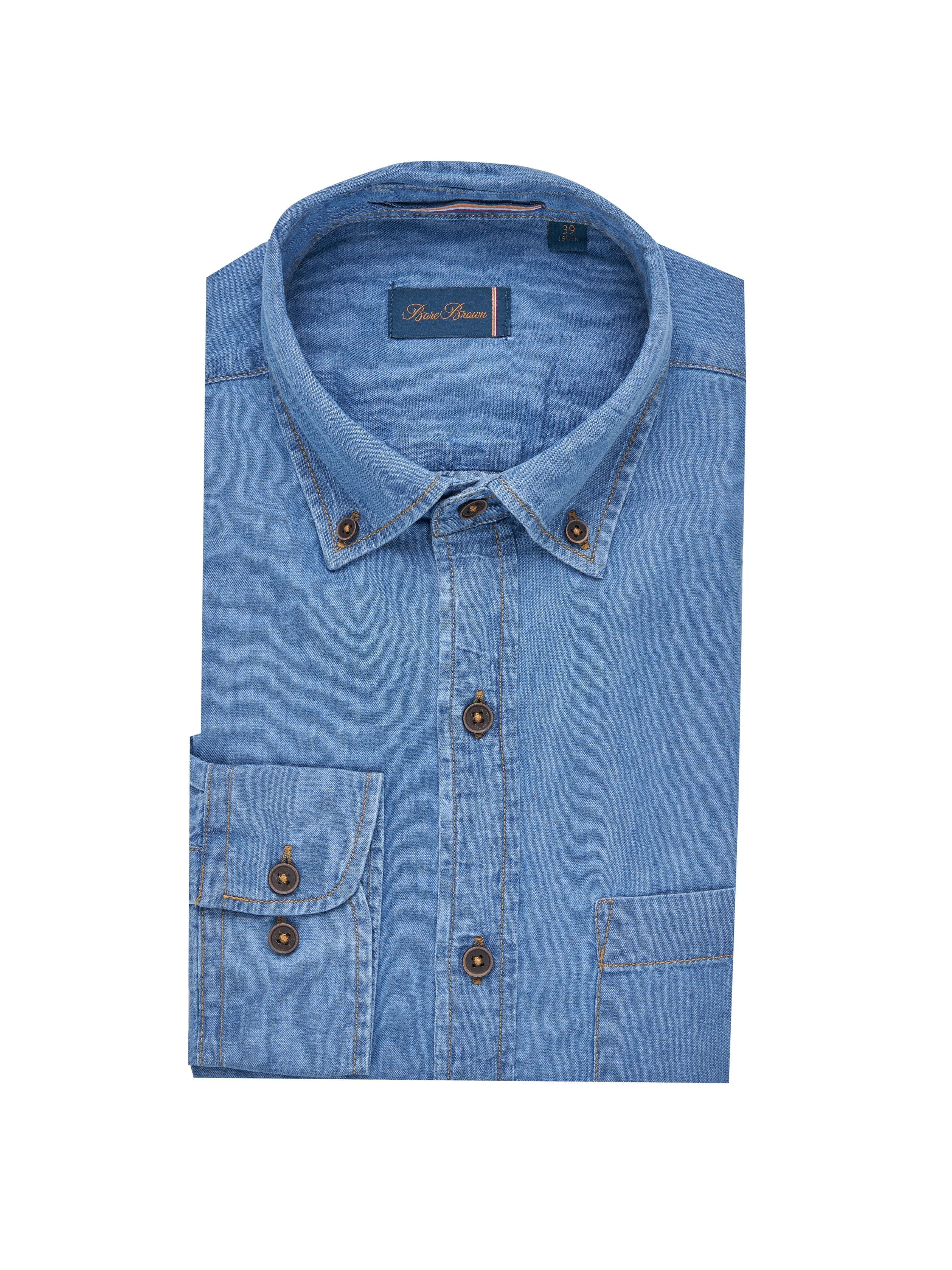 Bare Brown Cotton Denim Shirt, Slim Fit with Full Sleeves - Blue