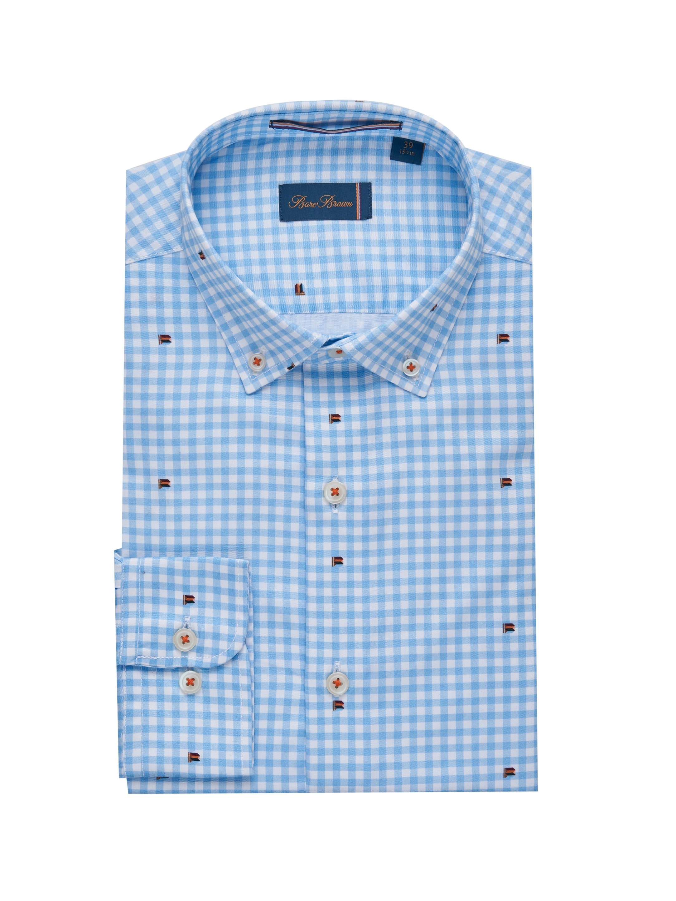 Bare Brown Cotton Gingham Check Shirt, Slim Fit with Full Sleeves - Light Blue