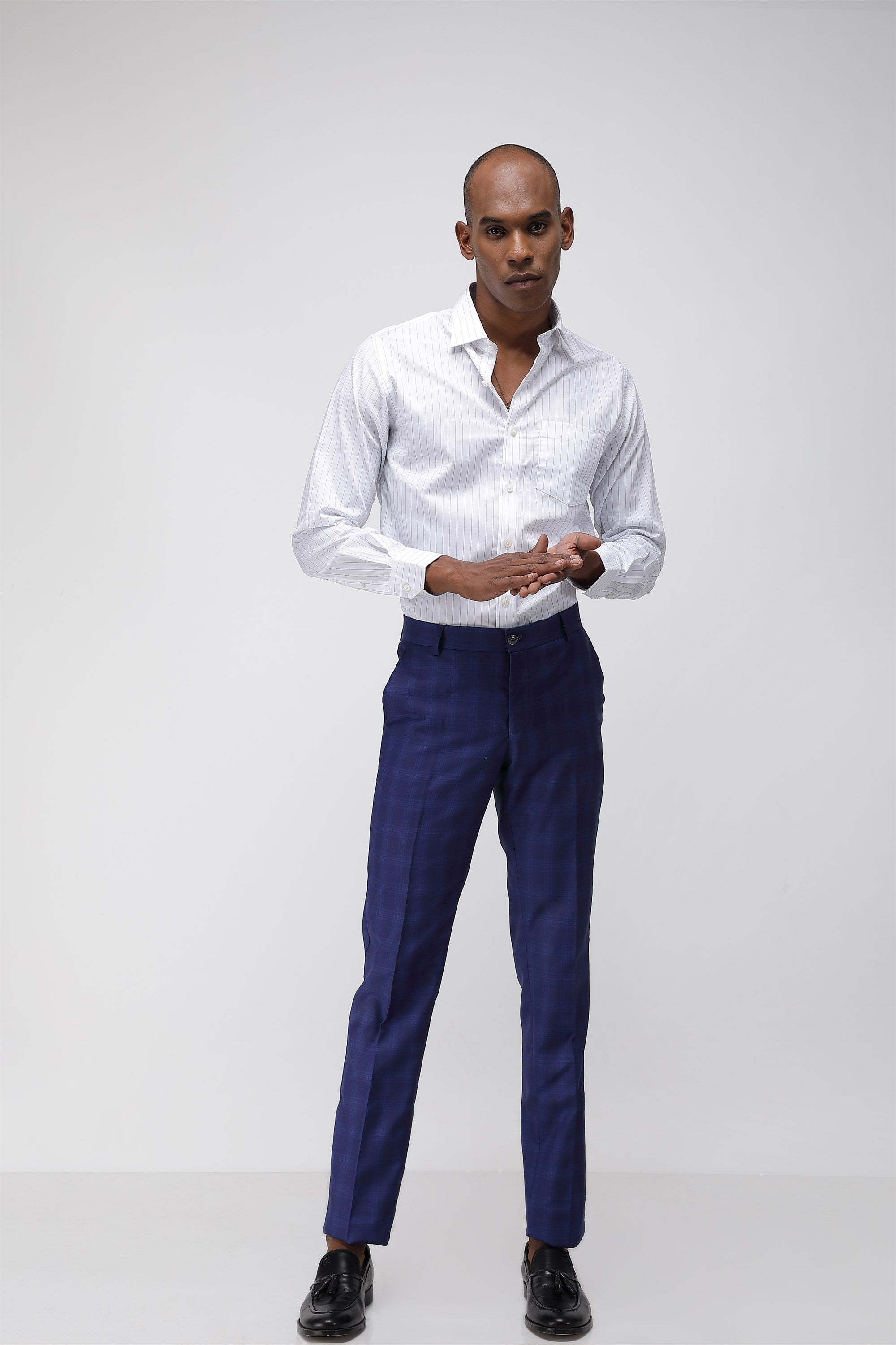 T the brand Men Formal Check Trouser - Navy Blue