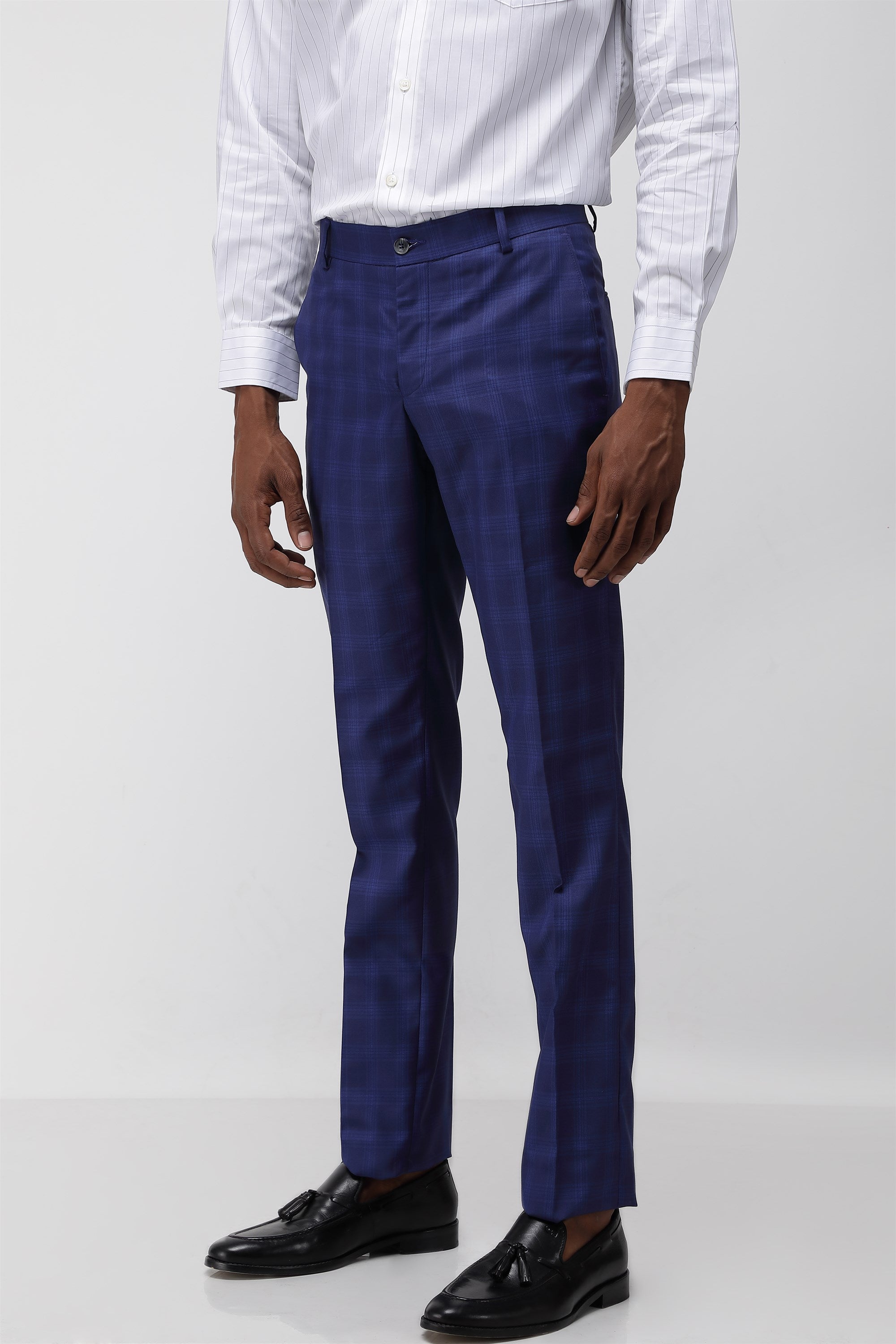 T the brand Men Formal Check Trouser - Navy Blue
