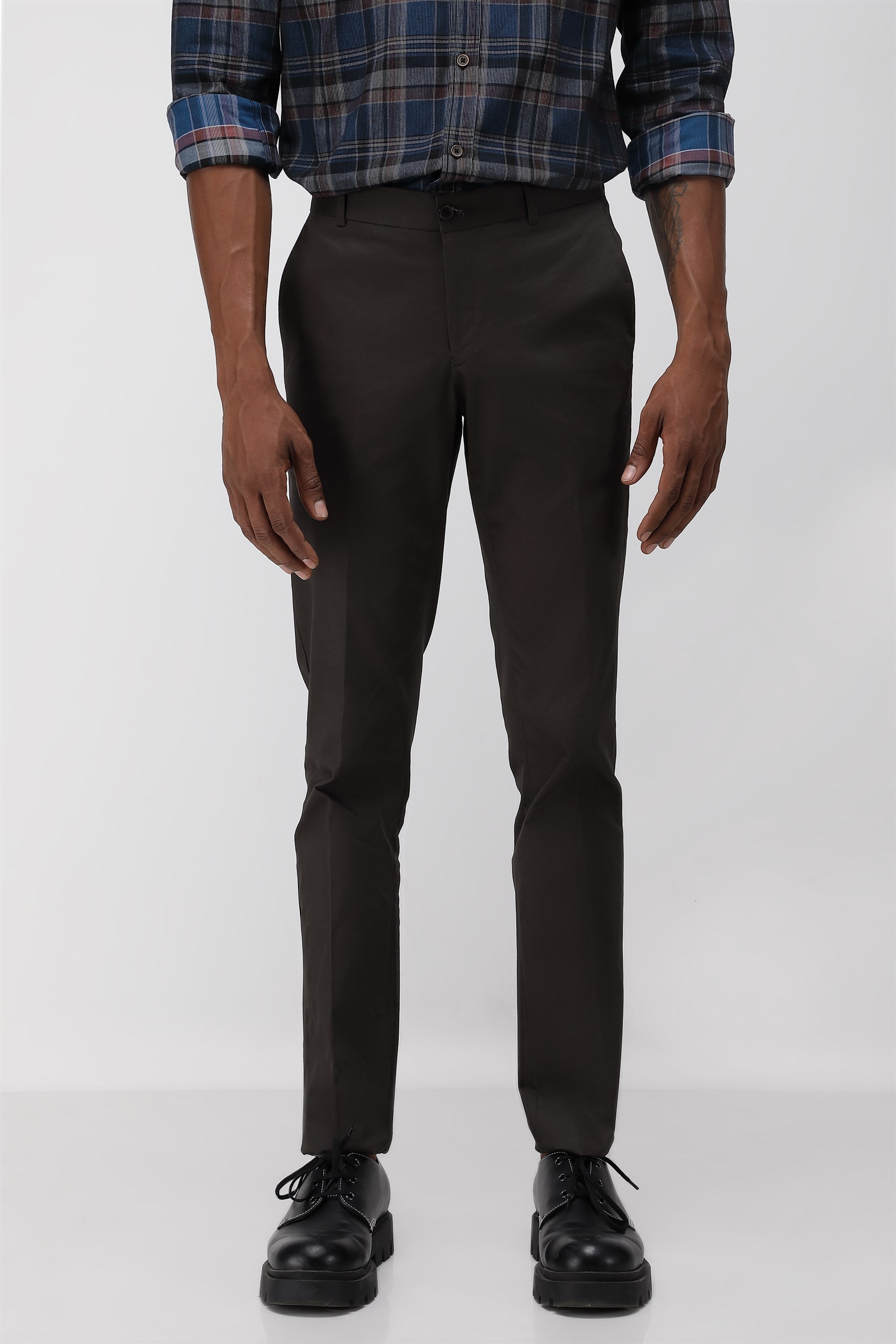 Bare Brown Stretch Slim Fit Cotton Trousers - Charcoal Grey