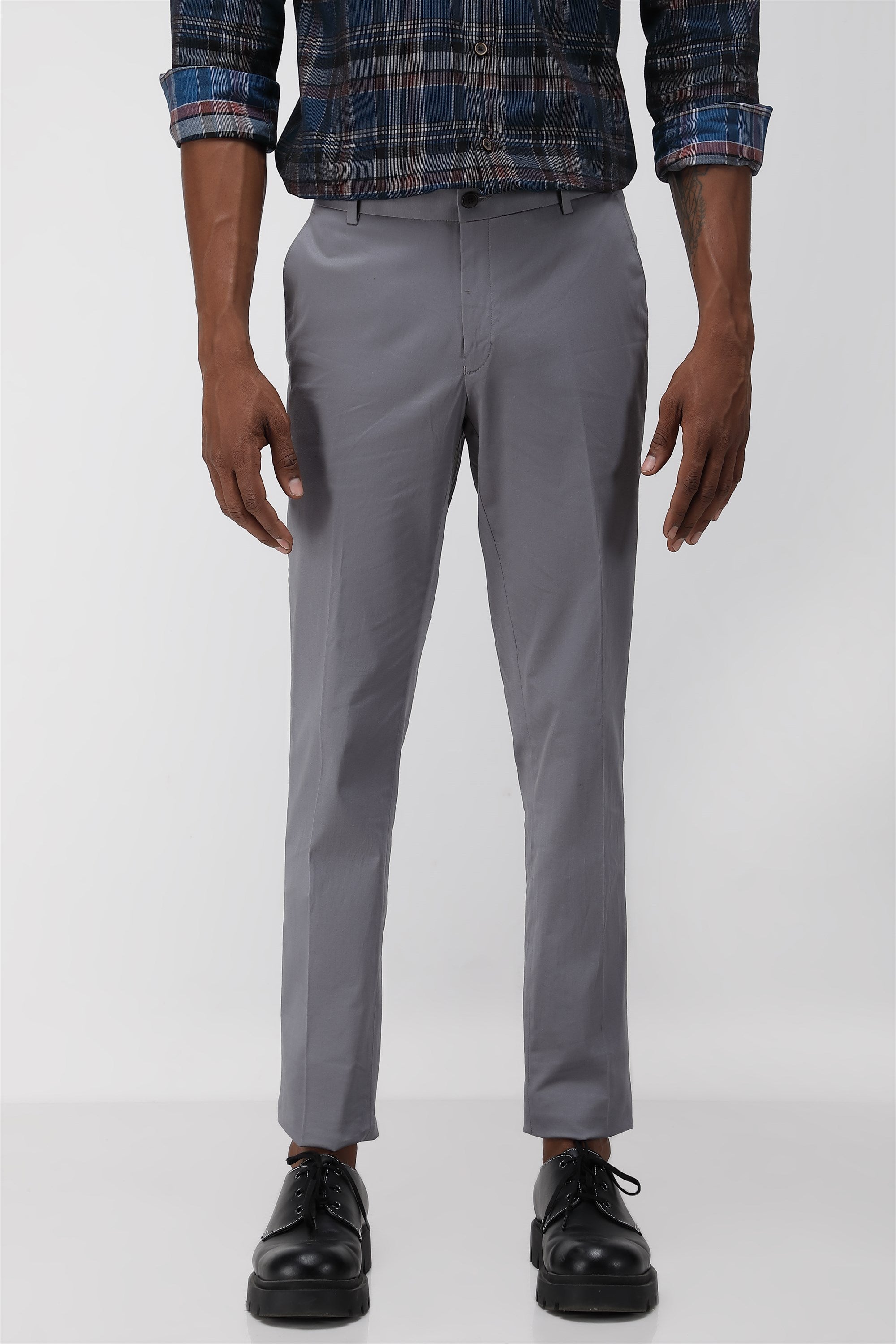 Bare Brown Stretch Slim Fit Cotton Trousers - Slate Grey