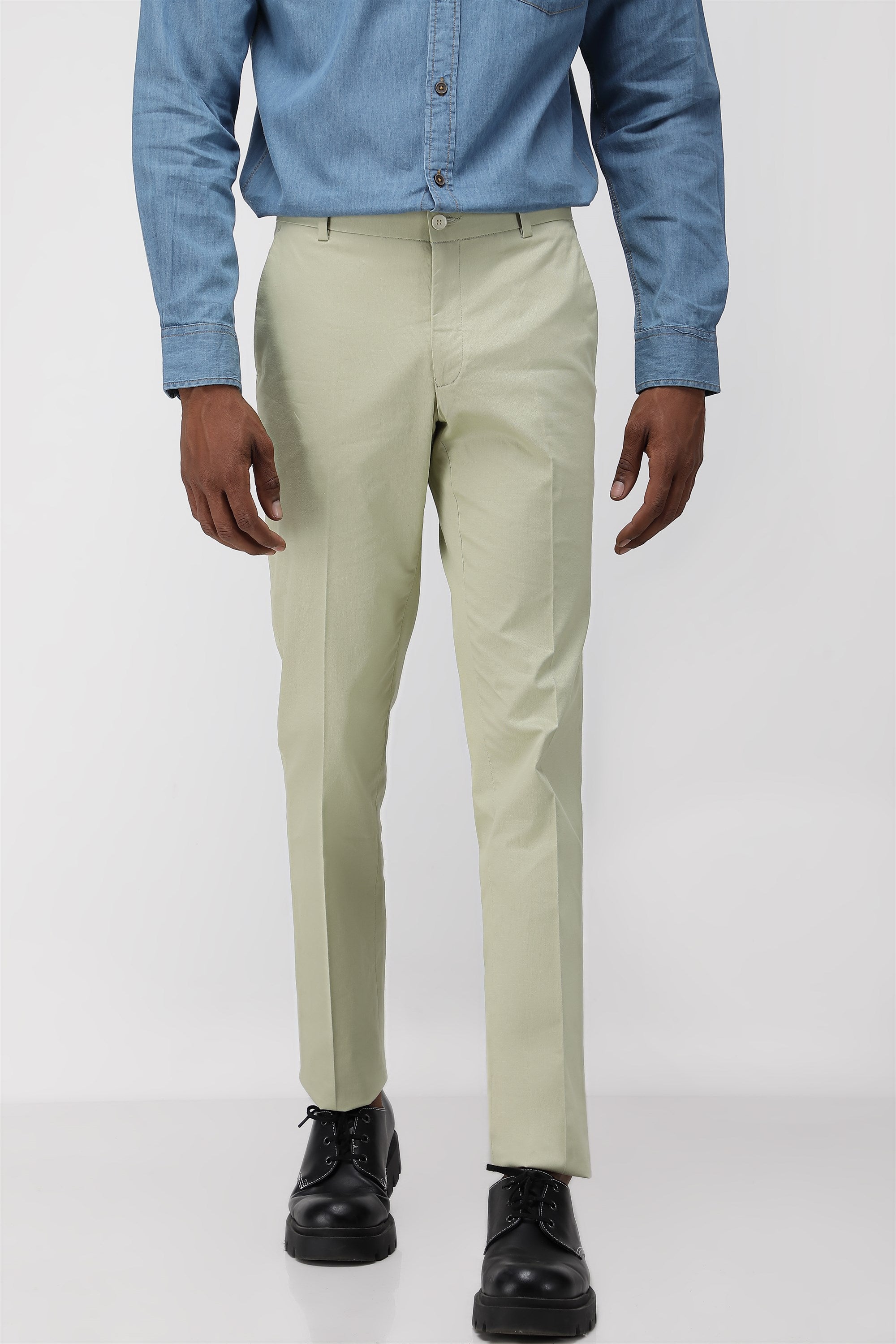 Bare Brown Stretch Slim Fit Cotton Trousers - Light Green