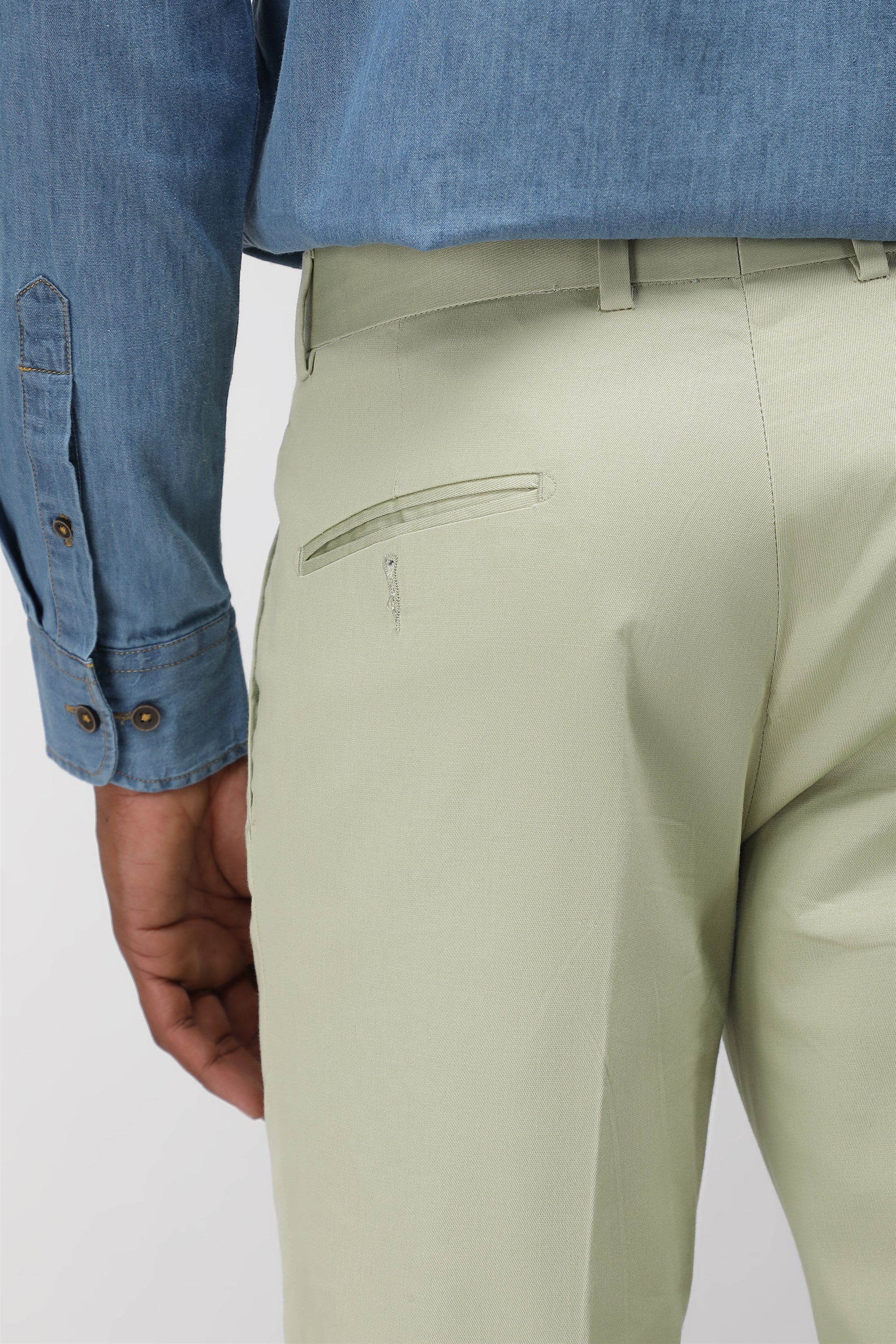 Bare Brown Stretch Slim Fit Cotton Trousers - Light Green