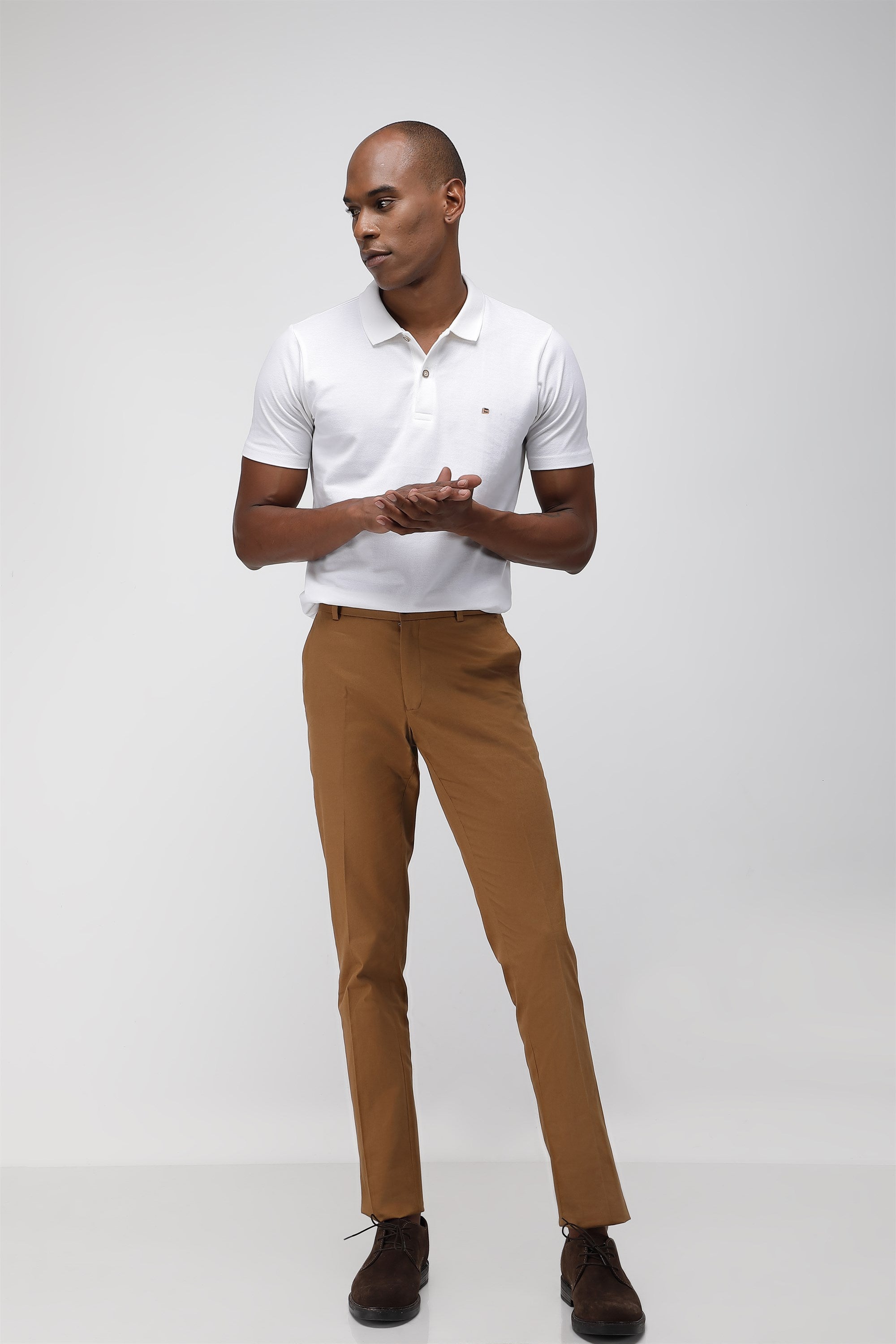 Bare Brown Stretch Slim Fit Cotton Trousers - Khaki