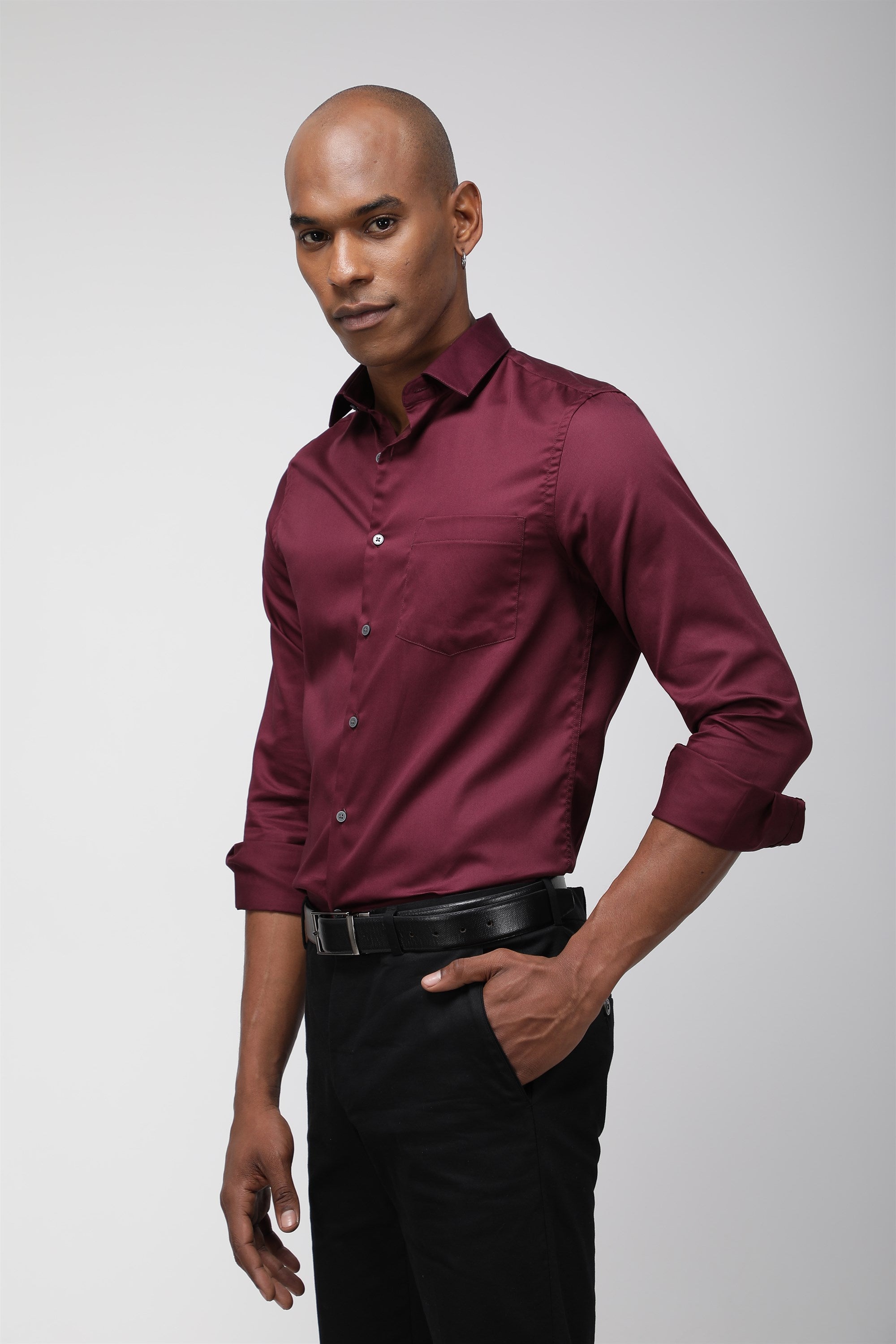 T the brand Regular Collar Slim Fit Satin Shirt with Full Sleeves - Wine