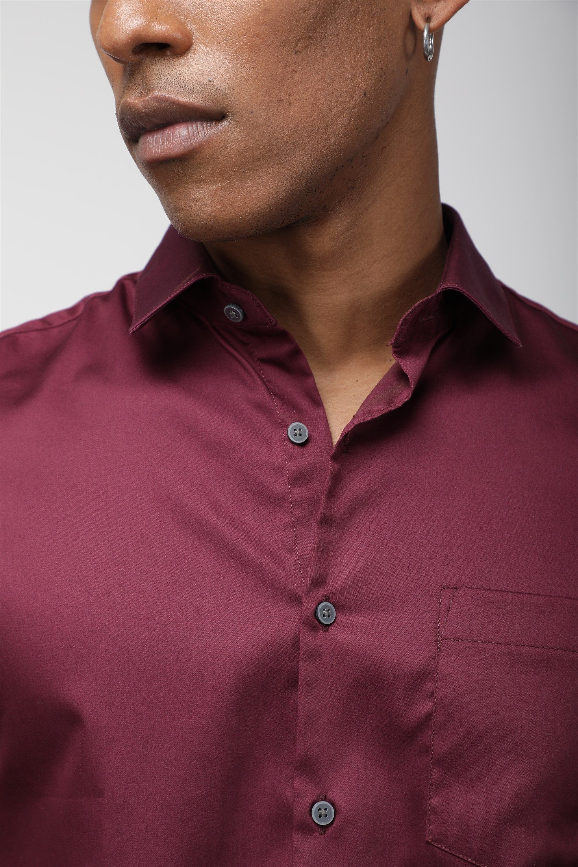 T the brand Regular Collar Slim Fit Satin Shirt with Full Sleeves - Wine