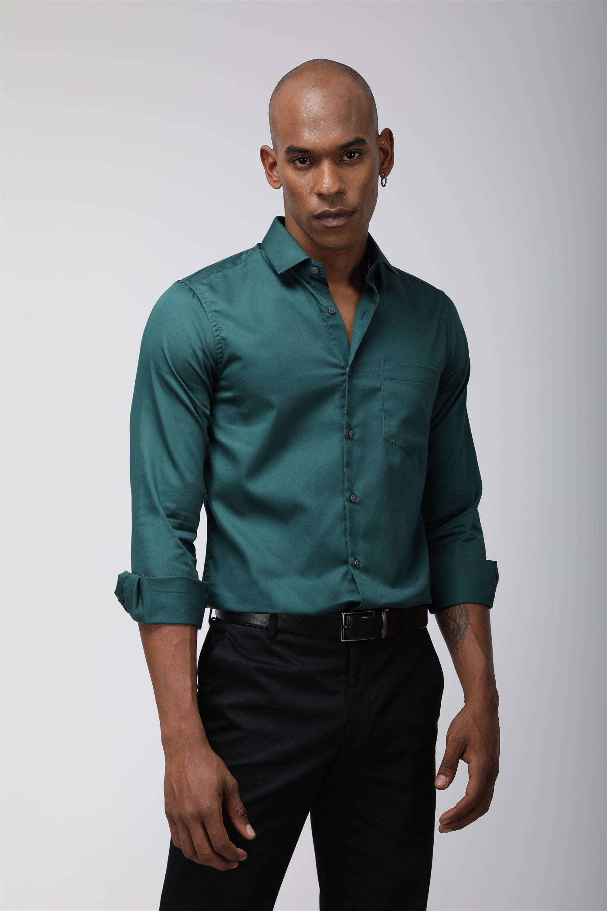 T the brand Regular Collar Slim Fit Satin Shirt with Full Sleeves - Green