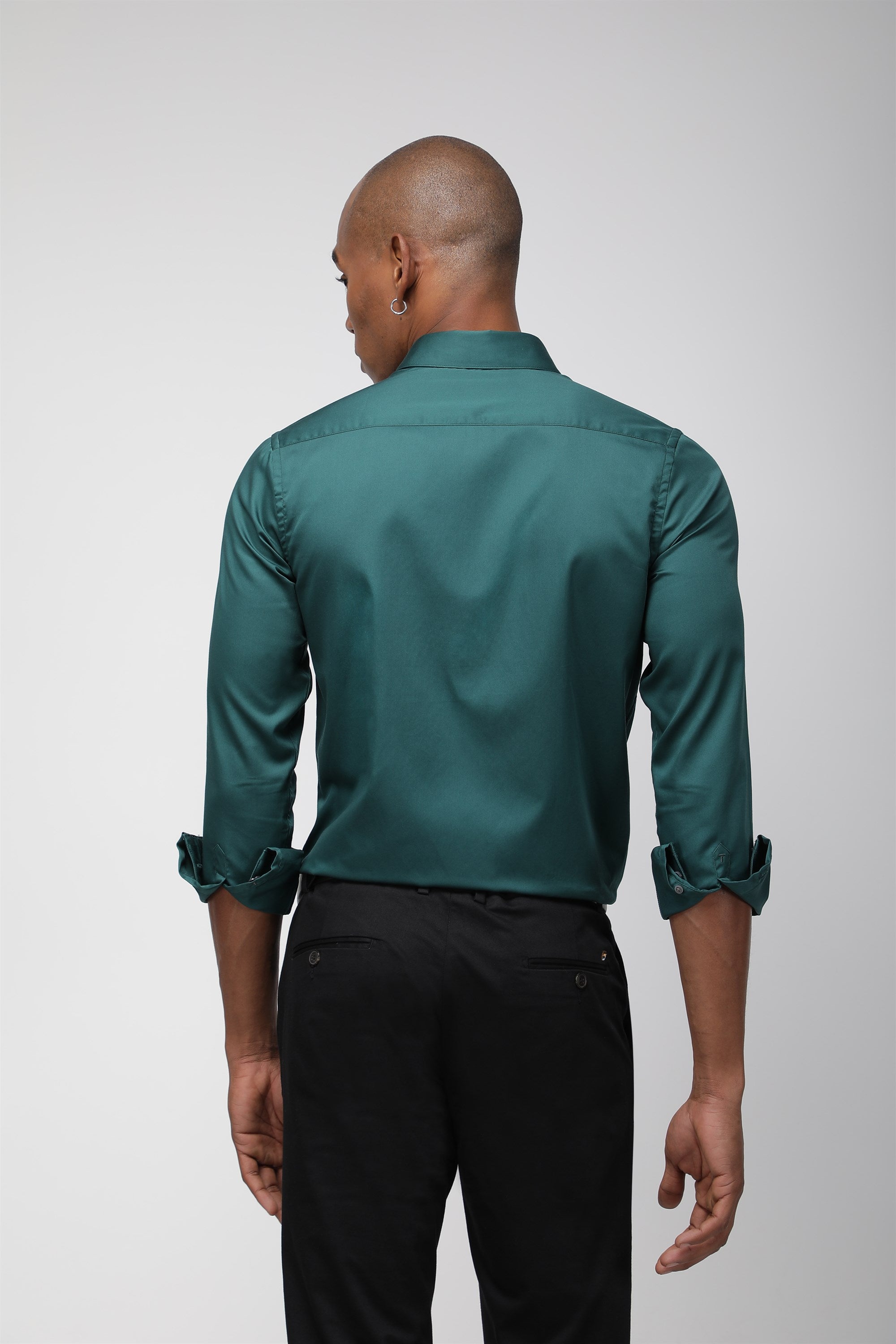 T the brand Regular Collar Slim Fit Satin Shirt with Full Sleeves - Green