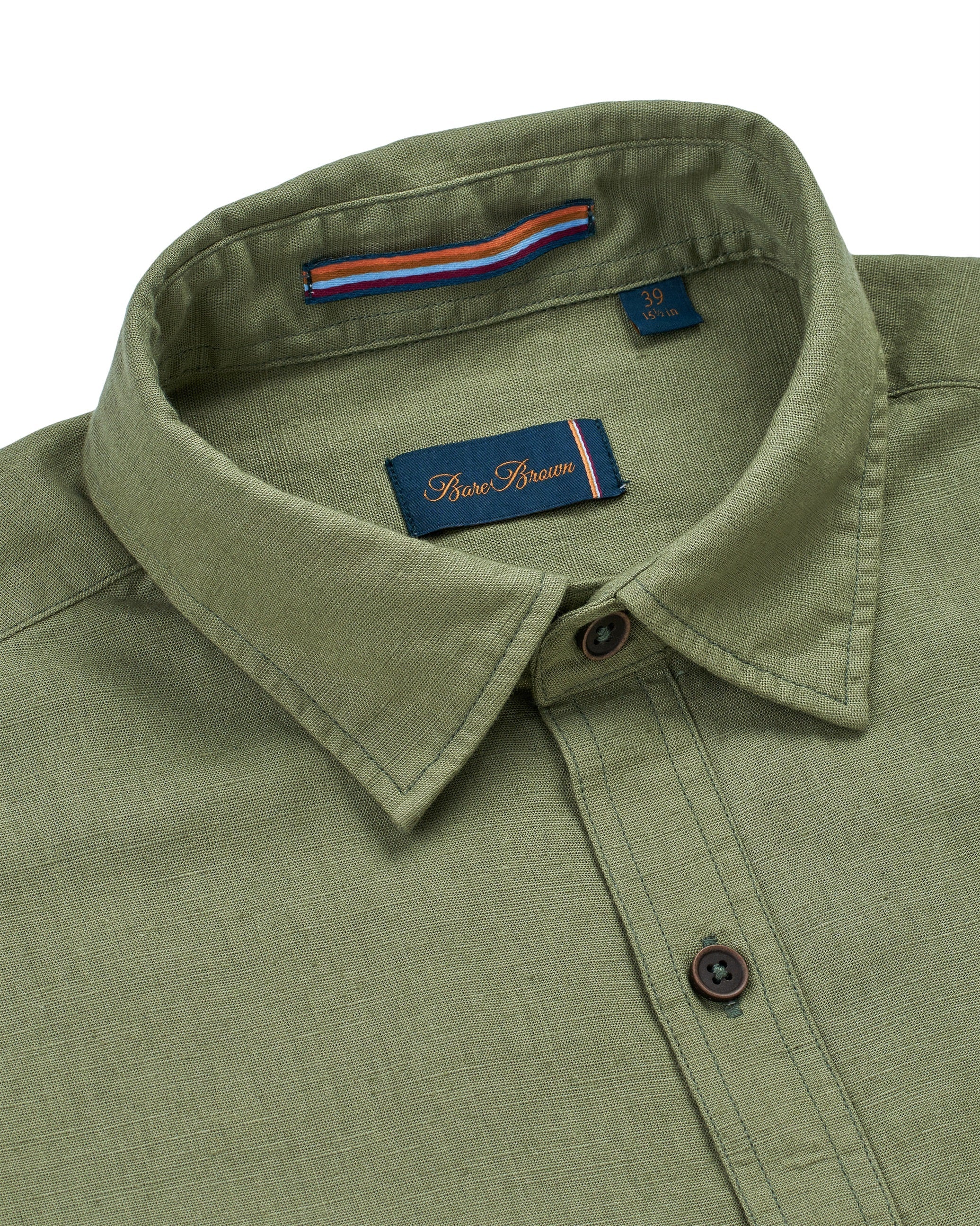 Bare Brown Regular Collar Cotton Linen Shirt, Slim Fit with Full Sleeves - Olive
