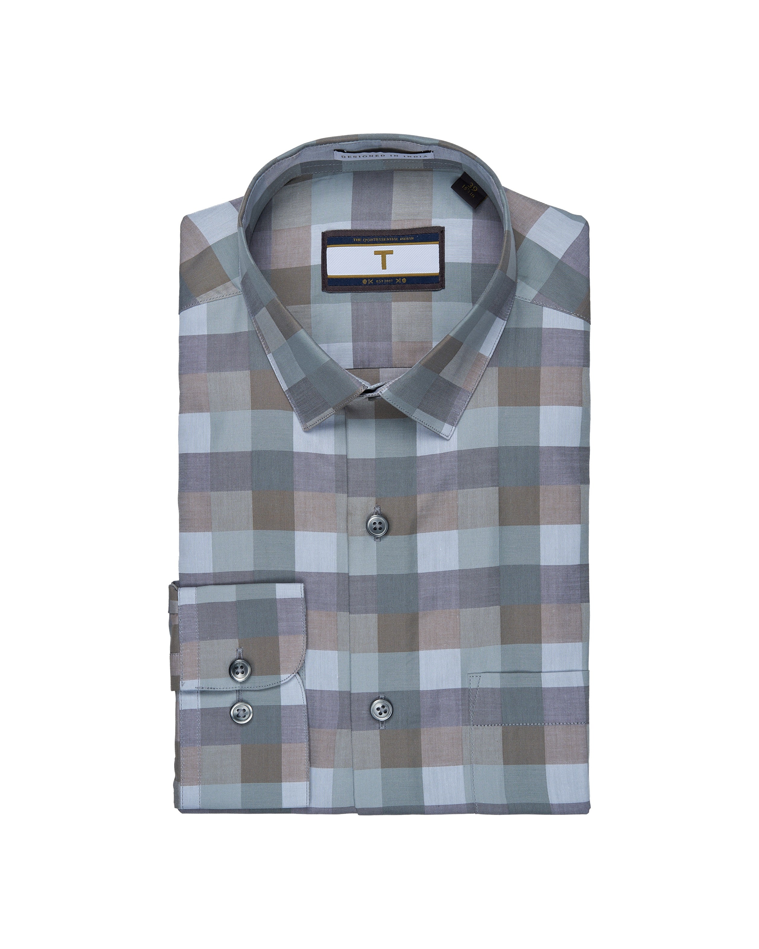 T the brand Checkered Slim Fit Full Sleeved Cotton Shirt - Slate Grey & Beige