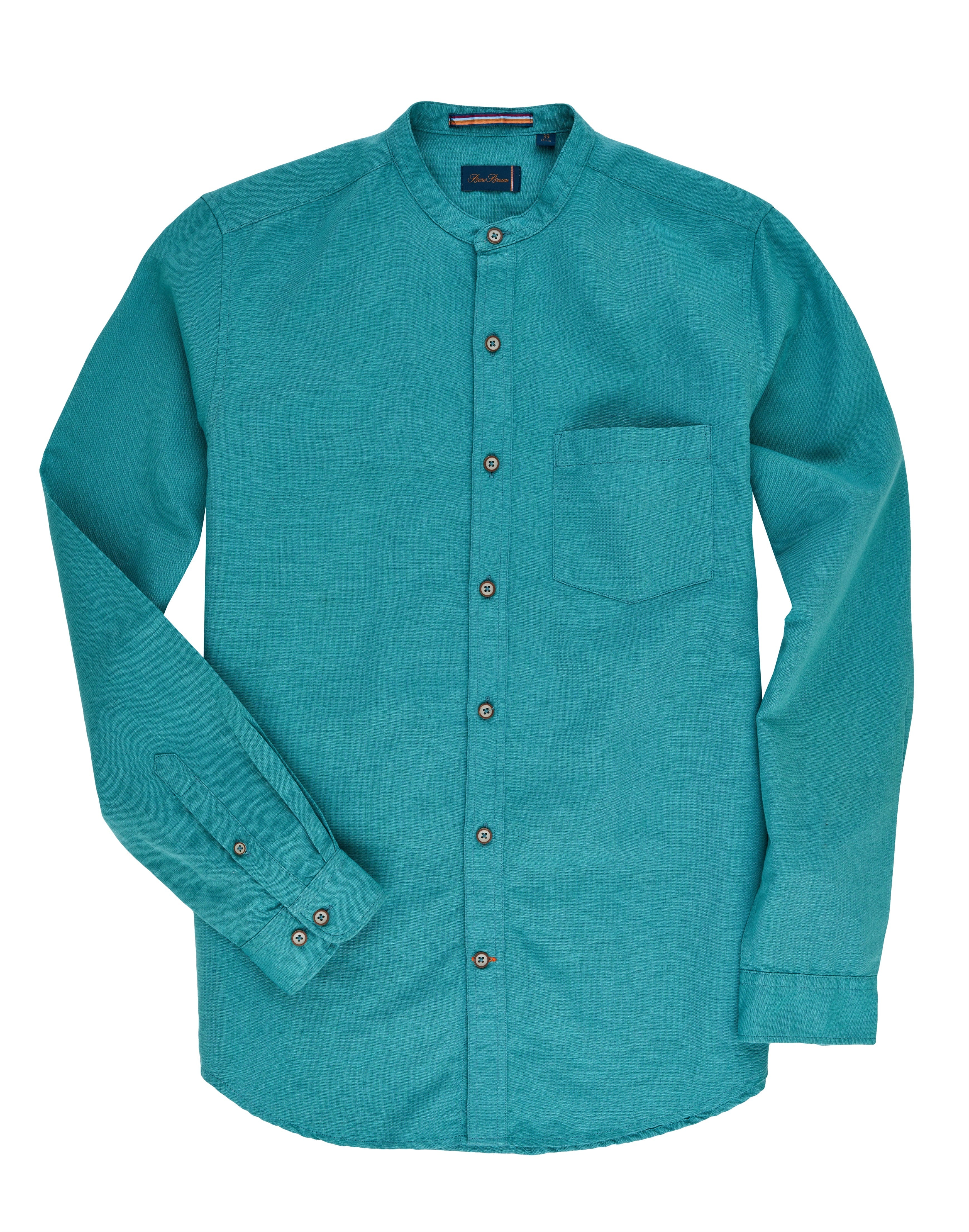 Bare Brown Mandarin Collar Cotton Linen Shirt, Slim Fit with Full Sleeves - Aqua