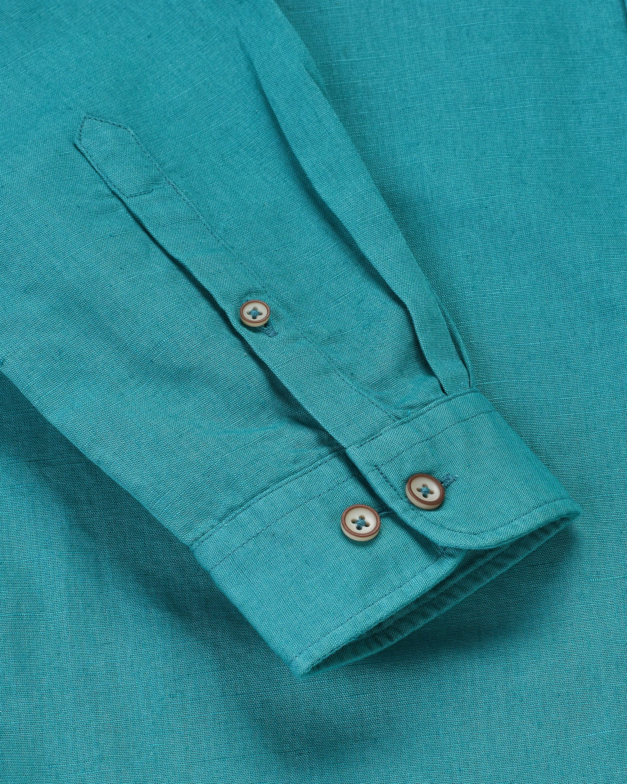 Bare Brown Mandarin Collar Cotton Linen Shirt, Slim Fit with Full Sleeves - Aqua