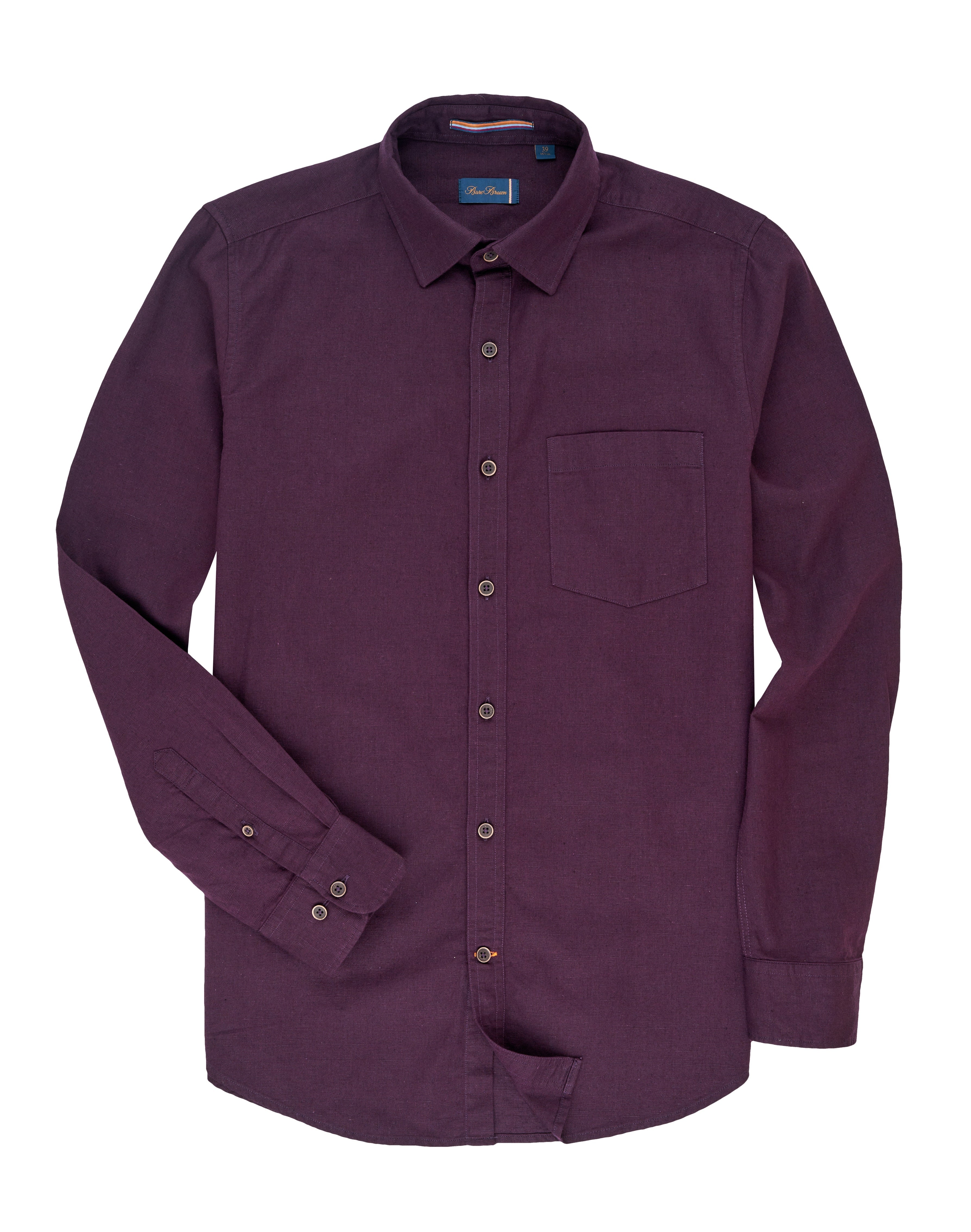 Bare Brown Regular Collar Cotton Linen Shirt, Slim Fit with Full Sleeves - Wine
