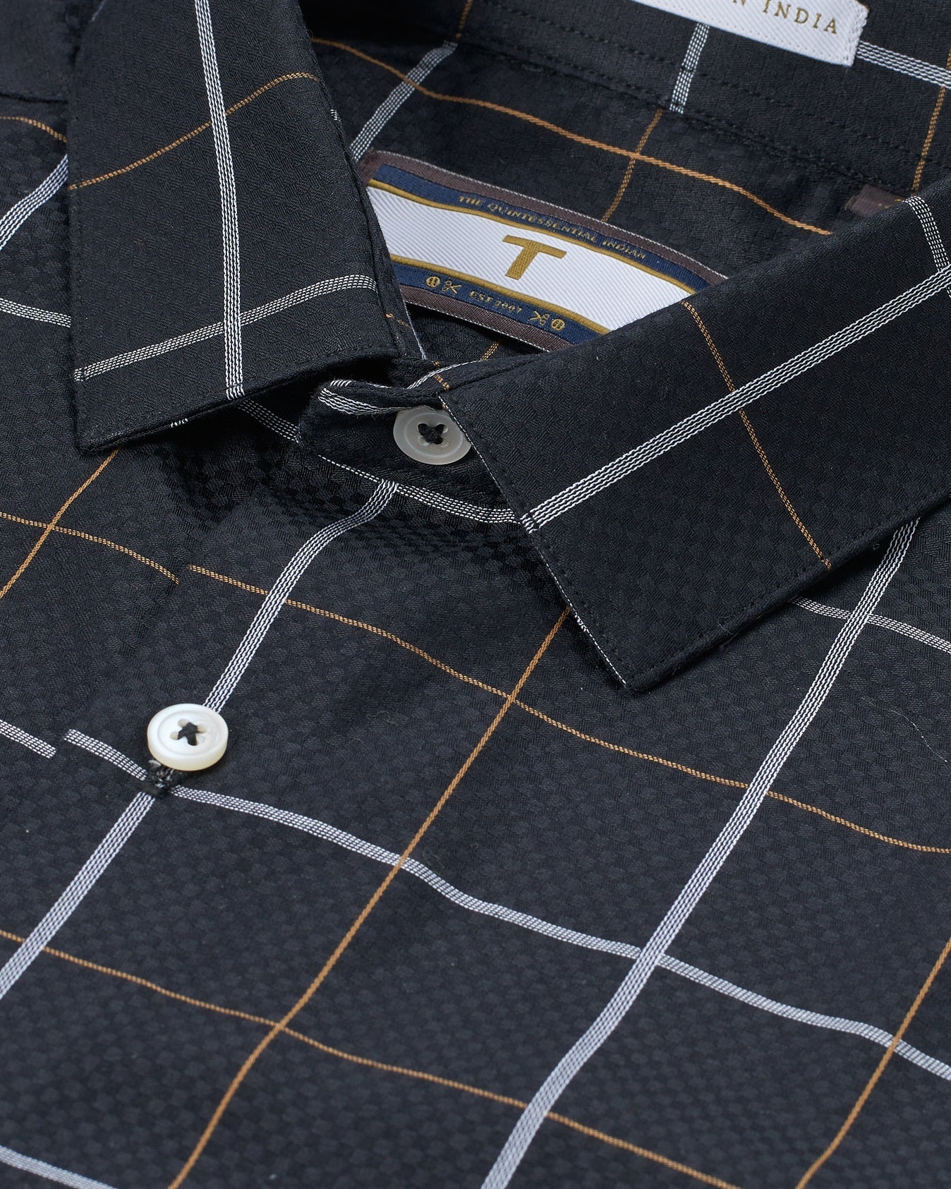 T the brand Checkered Dobby Slim Fit Full Sleeved Cotton Shirt - Black
