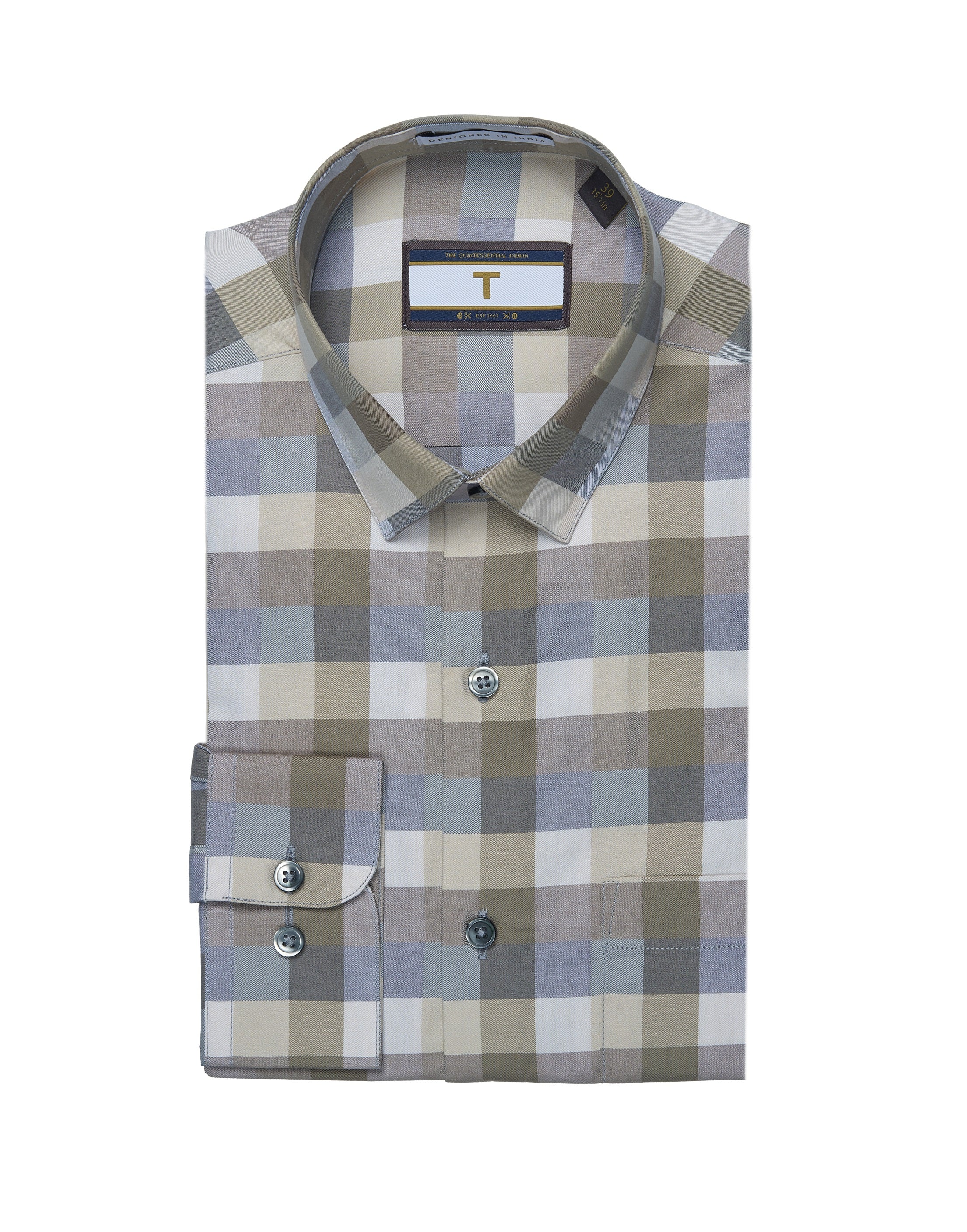 T the brand Checkered Slim Fit Full Sleeved Cotton Shirt - Beige and Golden