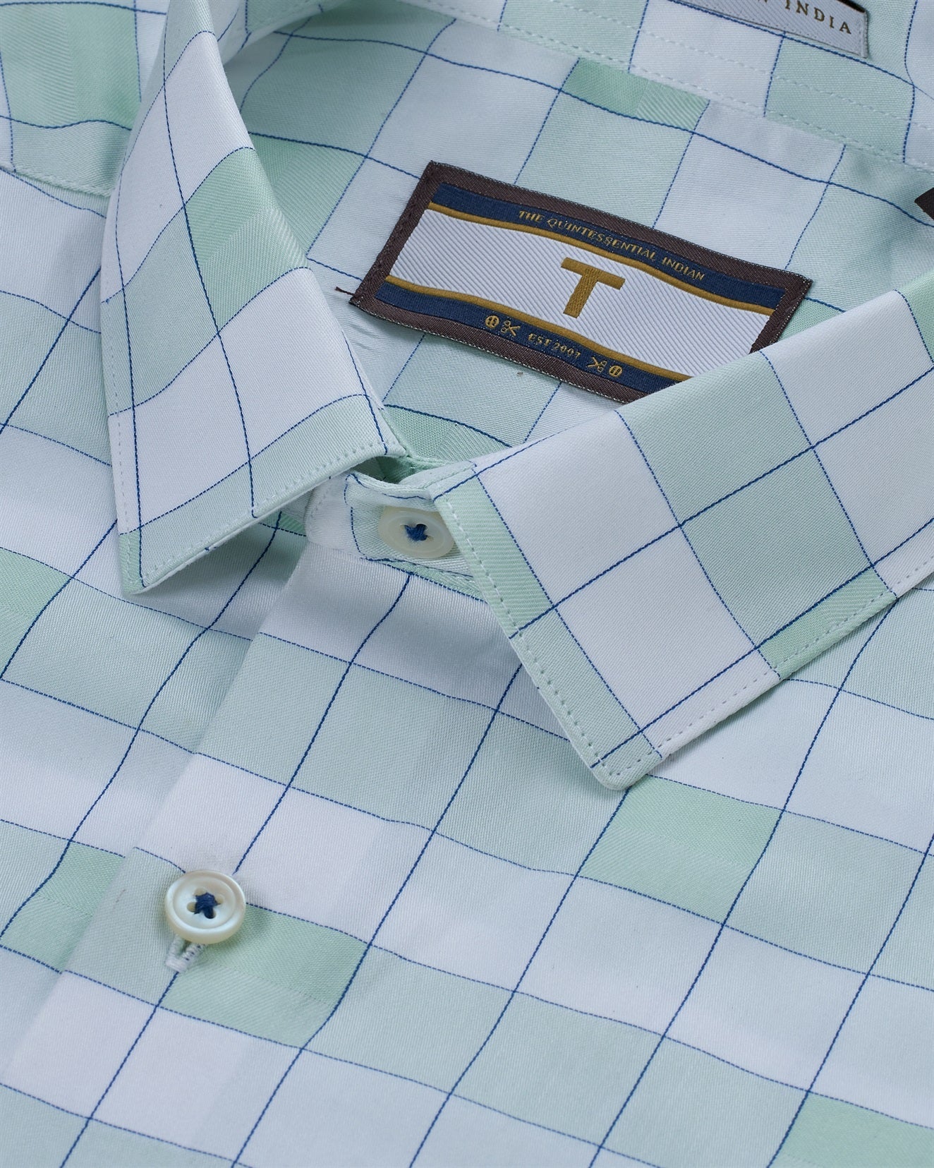 T the brand Checkered Dobby Slim Fit Full Sleeved Cotton Shirt - Pista Green