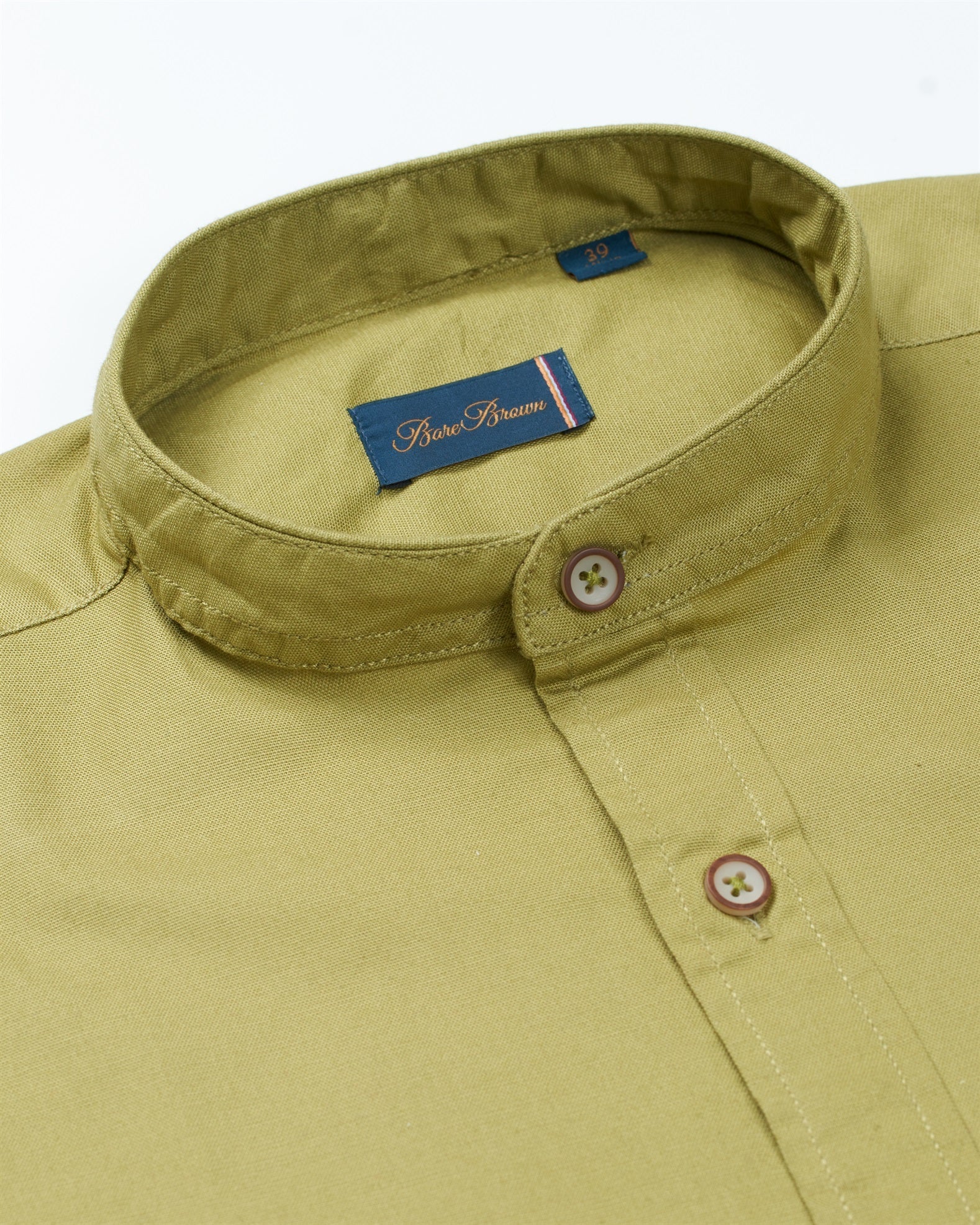 Bare Brown Mandarin Collar Stretch Cotton Shirt, Slim Fit with Full Sleeves - Light Green